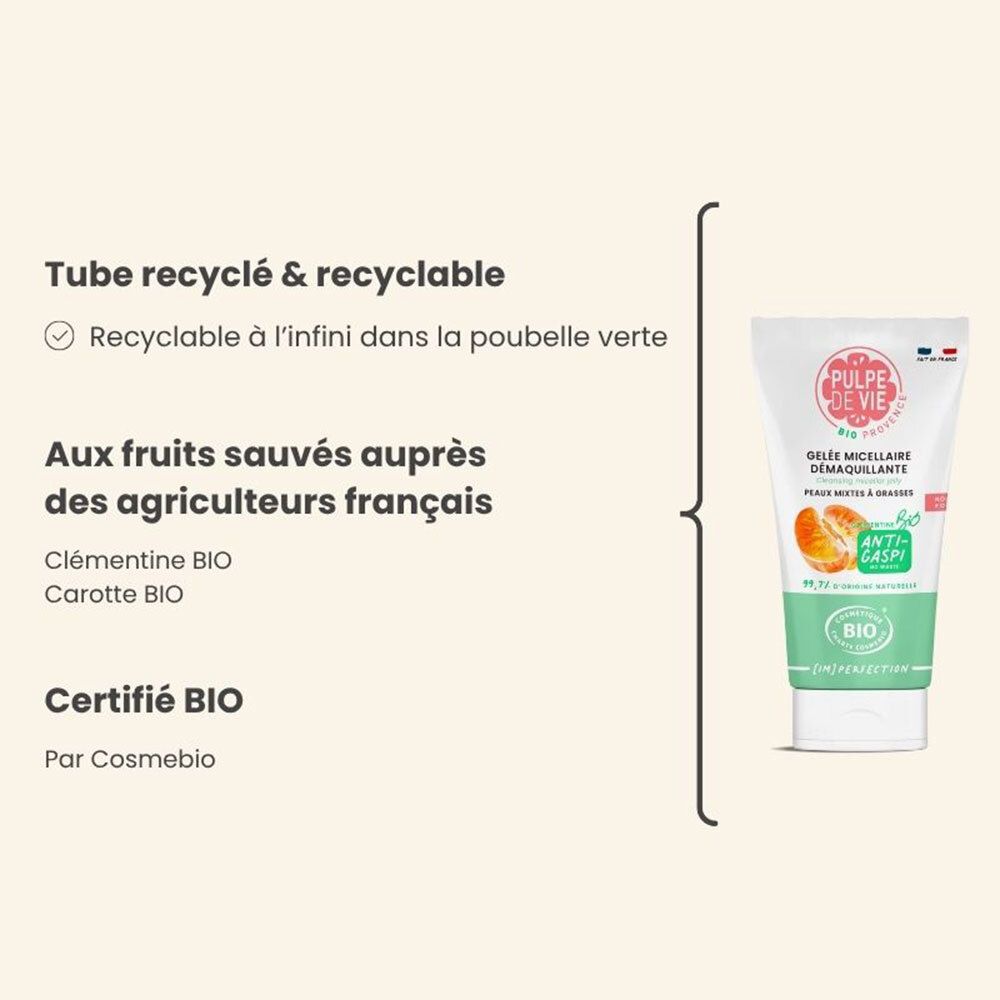 Producttube en tekst. Tekst: Tube recycelt & recyclable. Aux fruits sauvés. Certifié BIO par Cosmebio.
