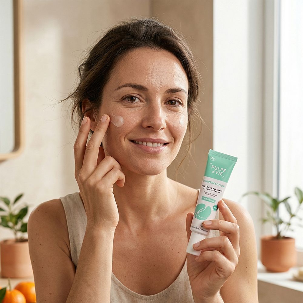 Femme appliquant de la crème. Produit PULPE DE VIE. Tube avec informations produit. Miroir en arrière-plan.