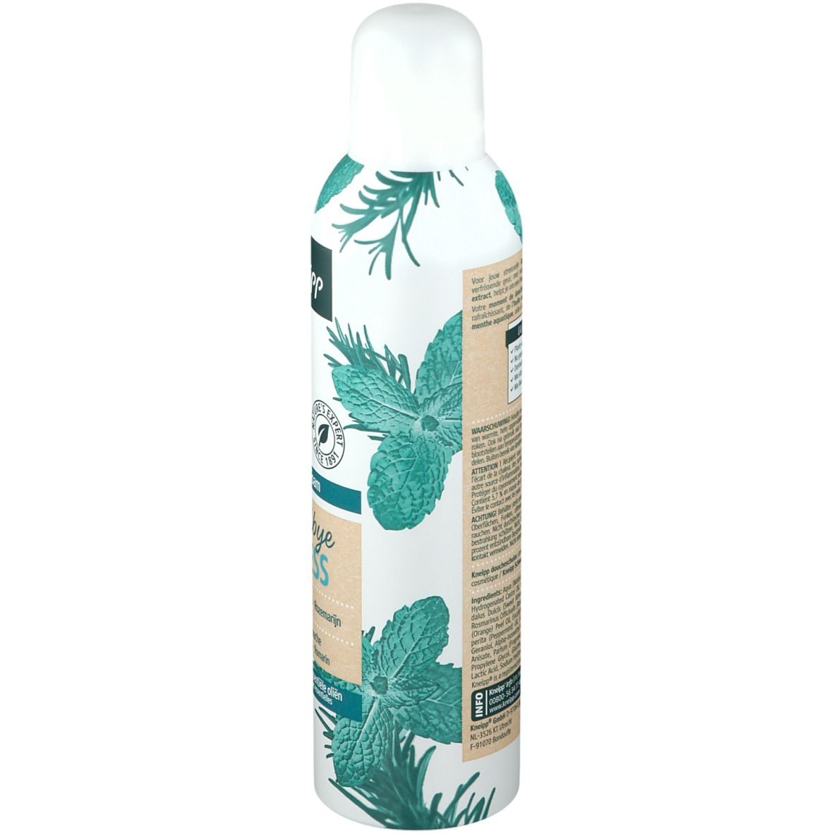 Vue latérale du flacon de mousse de douche Kneipp. Motif d'herbes. Informations produit partiellement lisibles.