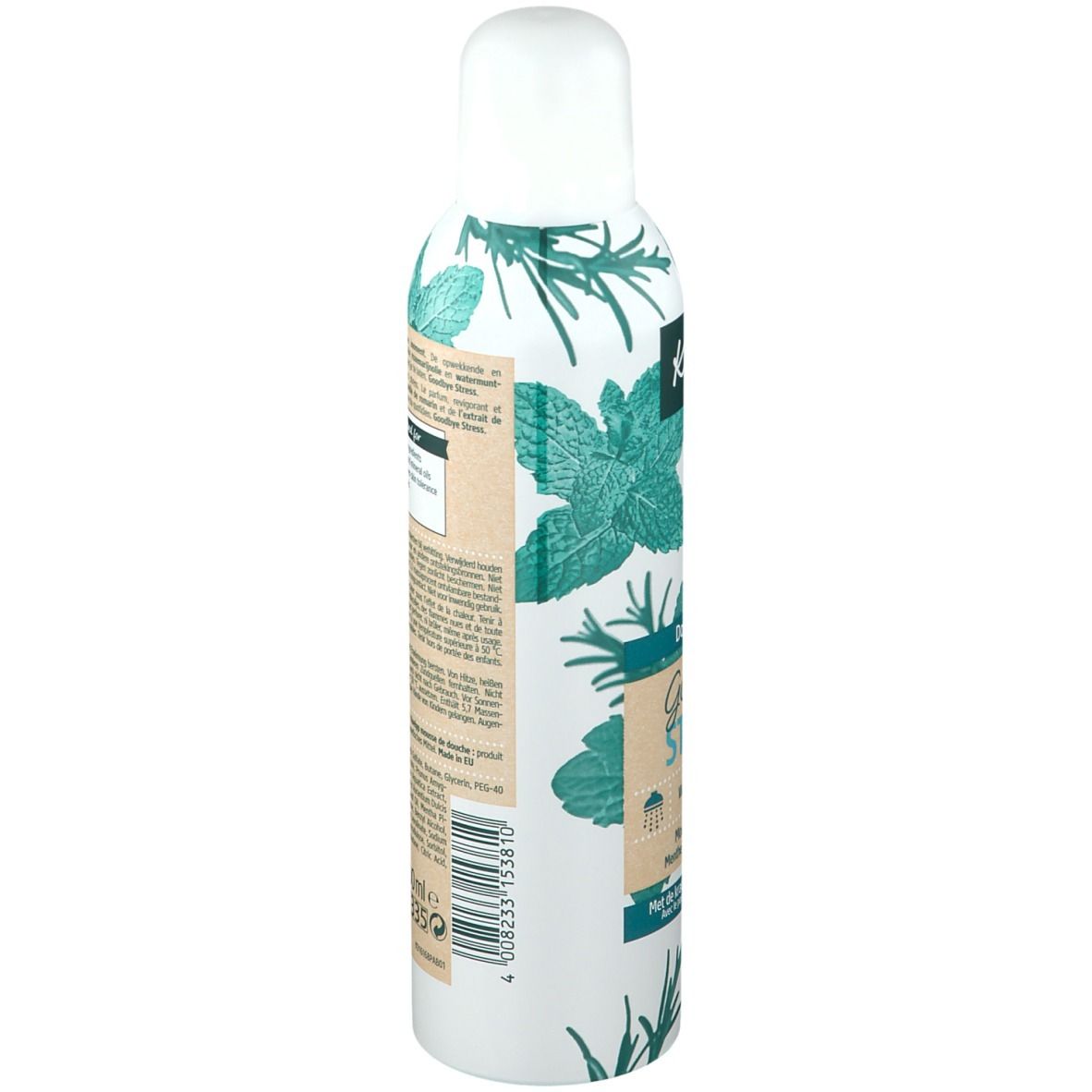 Vue latérale du flacon de mousse de douche Kneipp. Motif d'herbes et texte. Code-barres et informations.