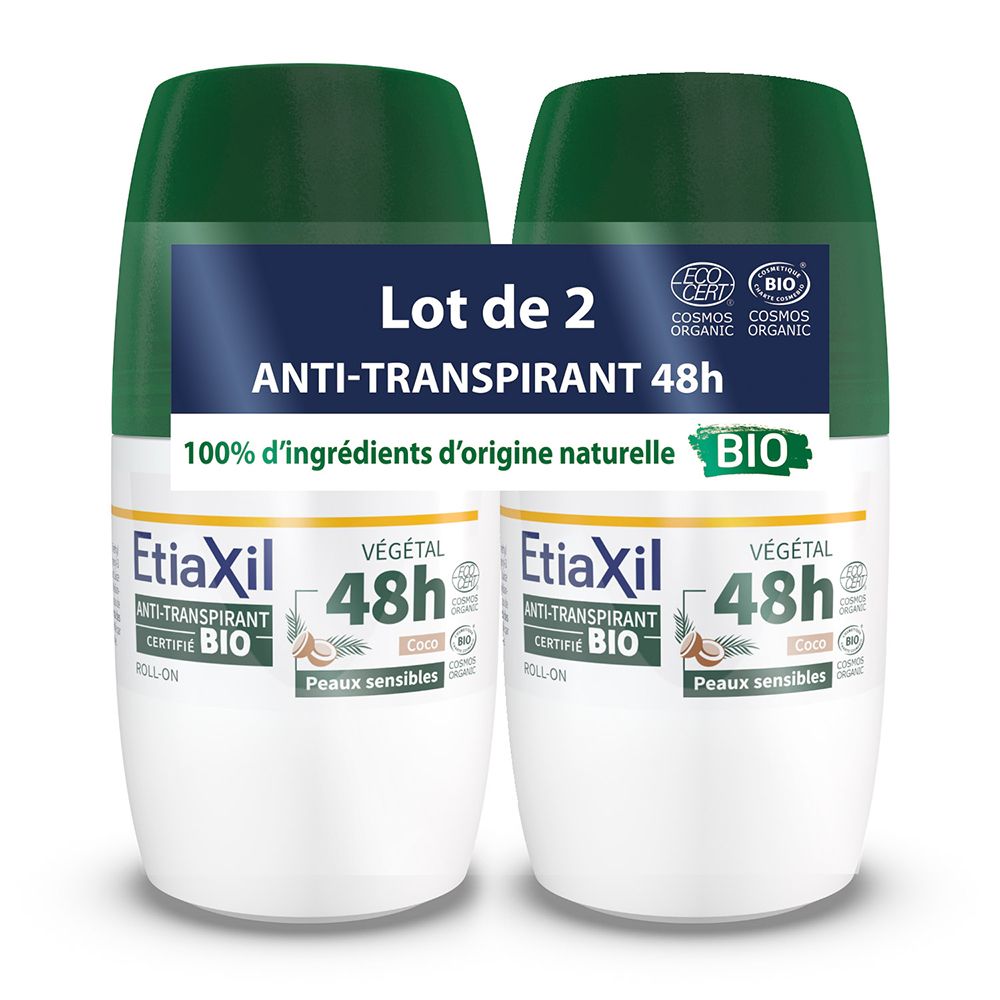 Deux roll-ons Etiaxil Bio Antitranspirant 48h. Flacons blancs, bouchons verts. Inscription : Anti-Transpirant 48h, Bio.