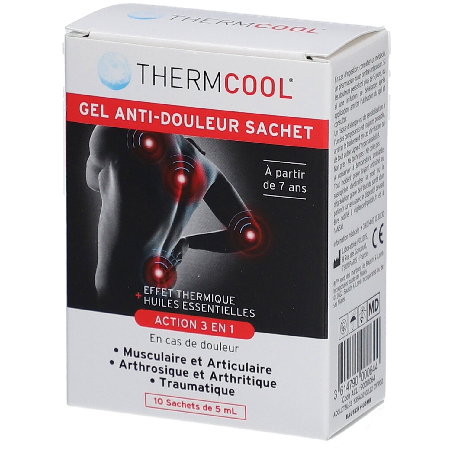 Boîte de THERMCOOL Gel Anti-Douleur Sachet. Contient 10 sachets de 5 ml. Pour enfants dès 7 ans. Action 3 en 1 pour douleurs musculaires, articulaires et traumatiques.