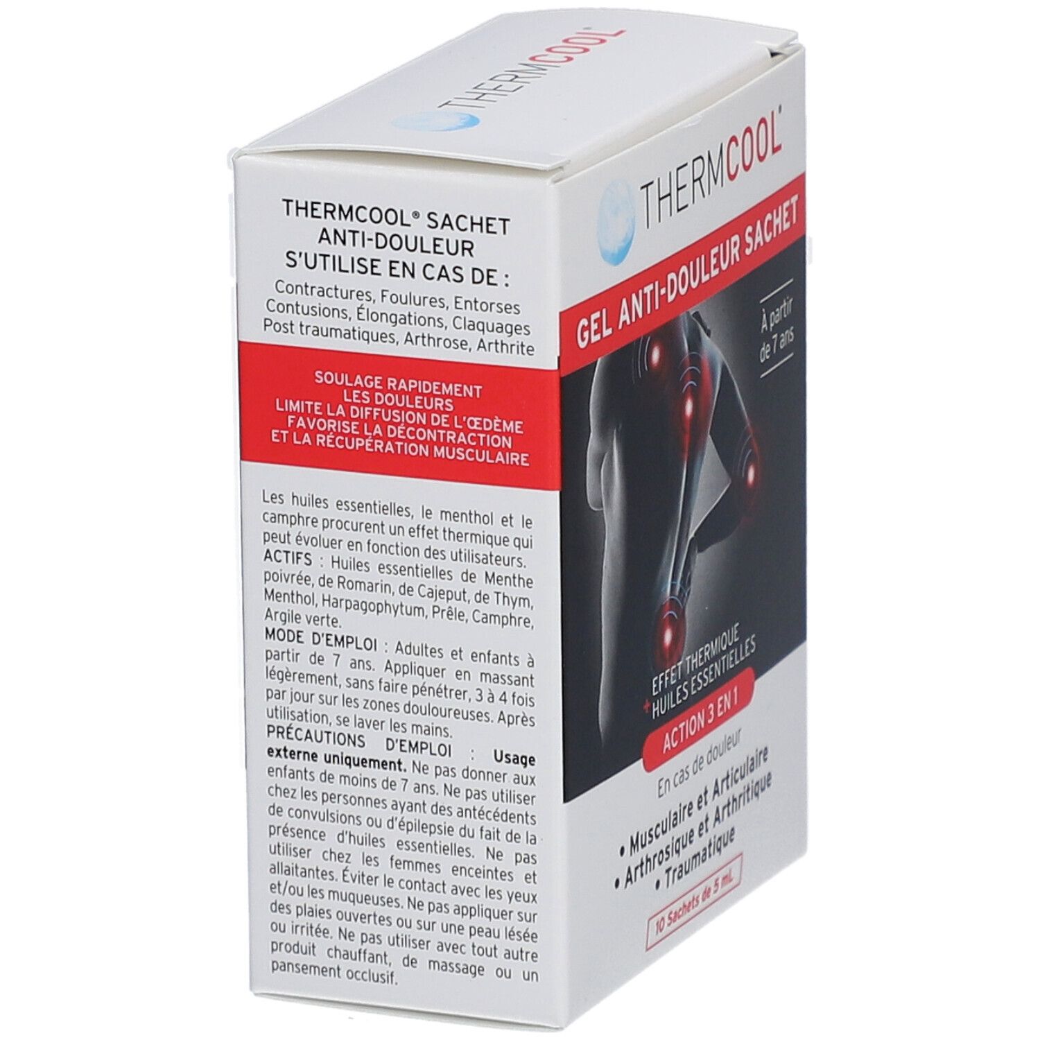 Vue latérale de la boîte THERMCOOL Gel Anti-Douleur Sachet. Informations sur l'utilisation et les ingrédients. Convient aux enfants de 7 ans et plus.