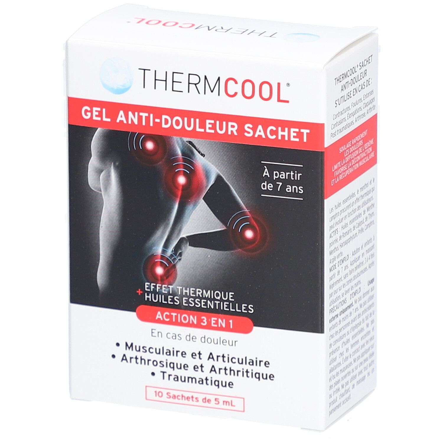 Boîte de THERMCOOL Gel Anti-Douleur Sachet. Contient 10 sachets de 5 ml. Pour enfants dès 7 ans. Action 3 en 1 pour douleurs musculaires, articulaires et traumatiques.