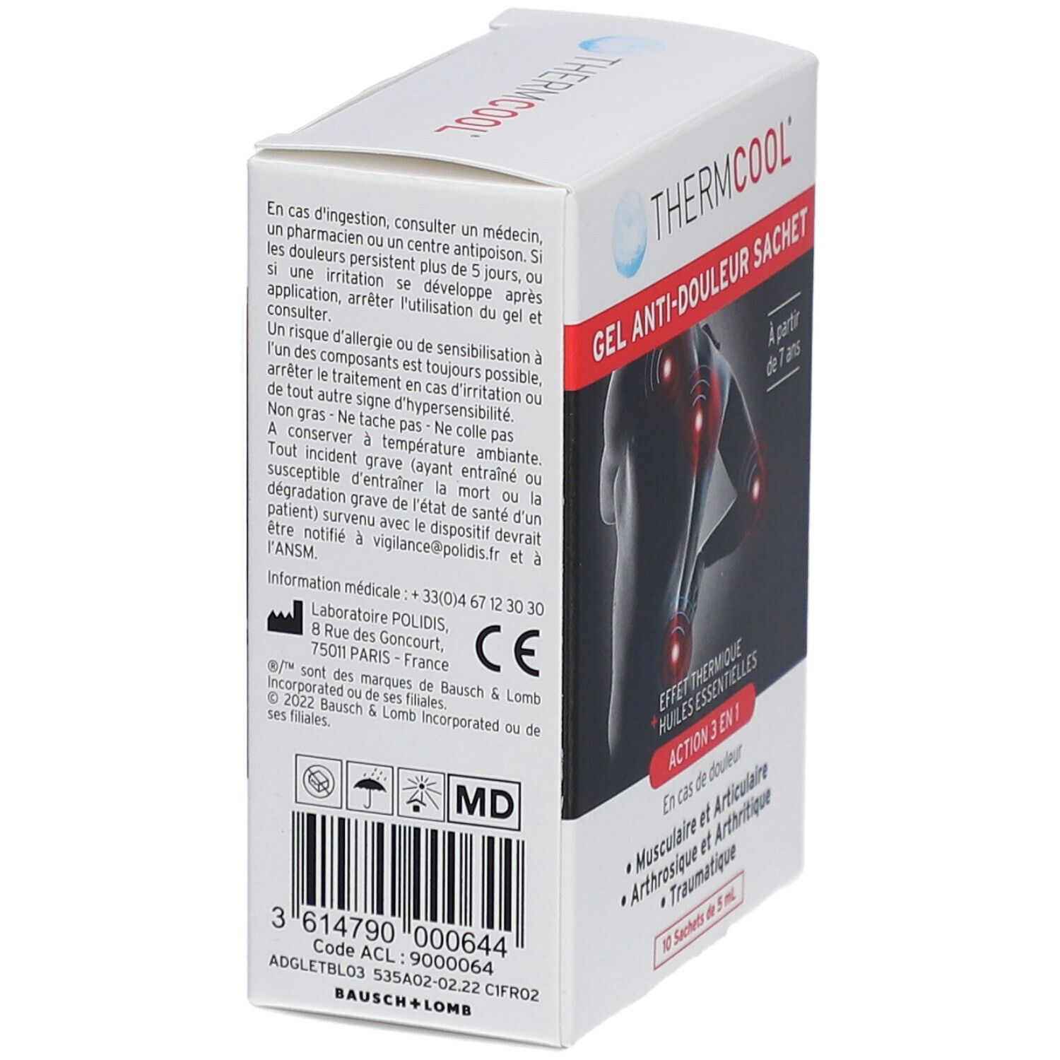 Dos de la boîte THERMCOOL Gel Anti-Douleur Sachet. Informations sur les ingrédients, les avertissements et le fabricant.