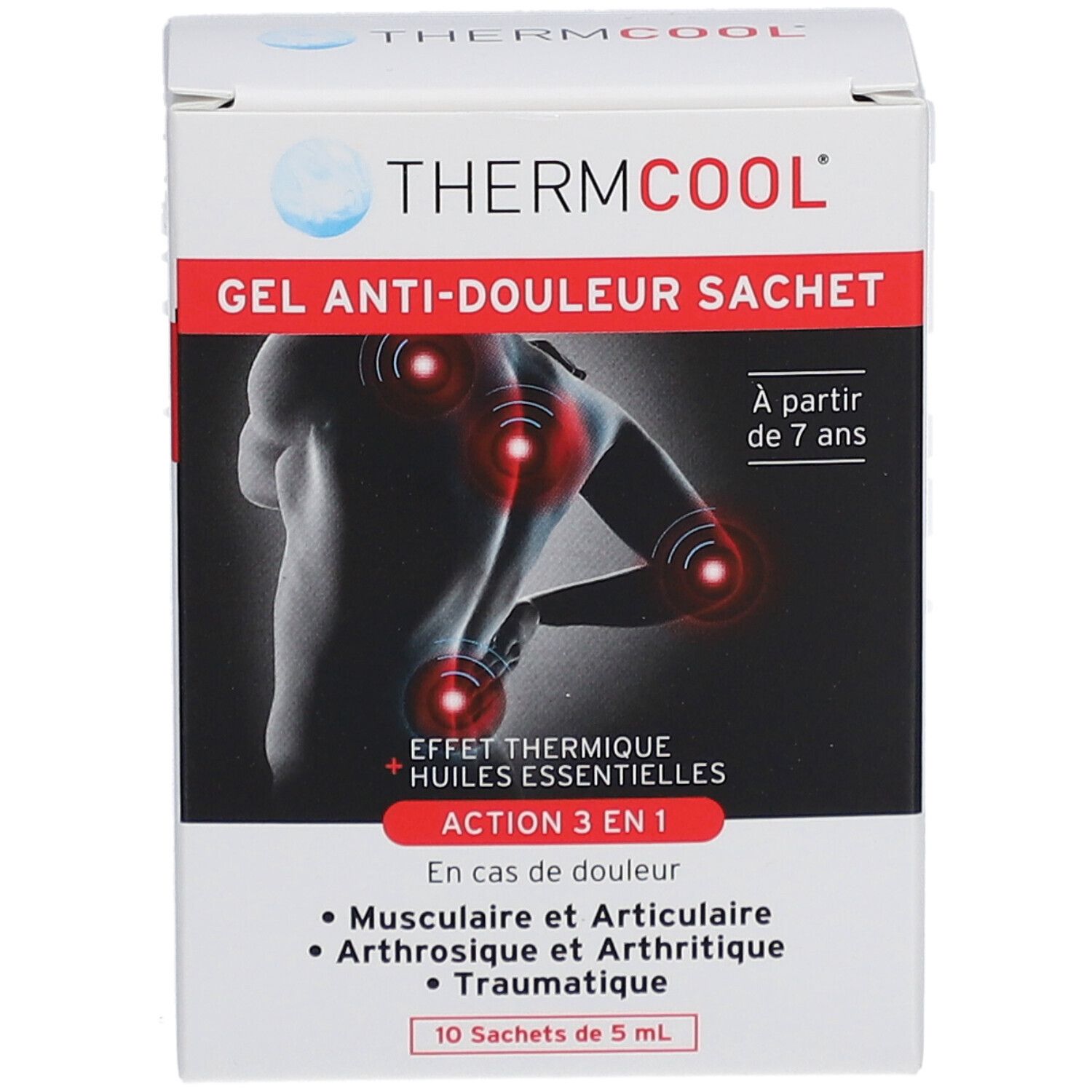 Boîte de THERMCOOL Gel Anti-Douleur Sachet. Contient 10 sachets de 5 ml. Pour enfants dès 7 ans. Action 3 en 1 pour douleurs musculaires, articulaires et traumatiques.