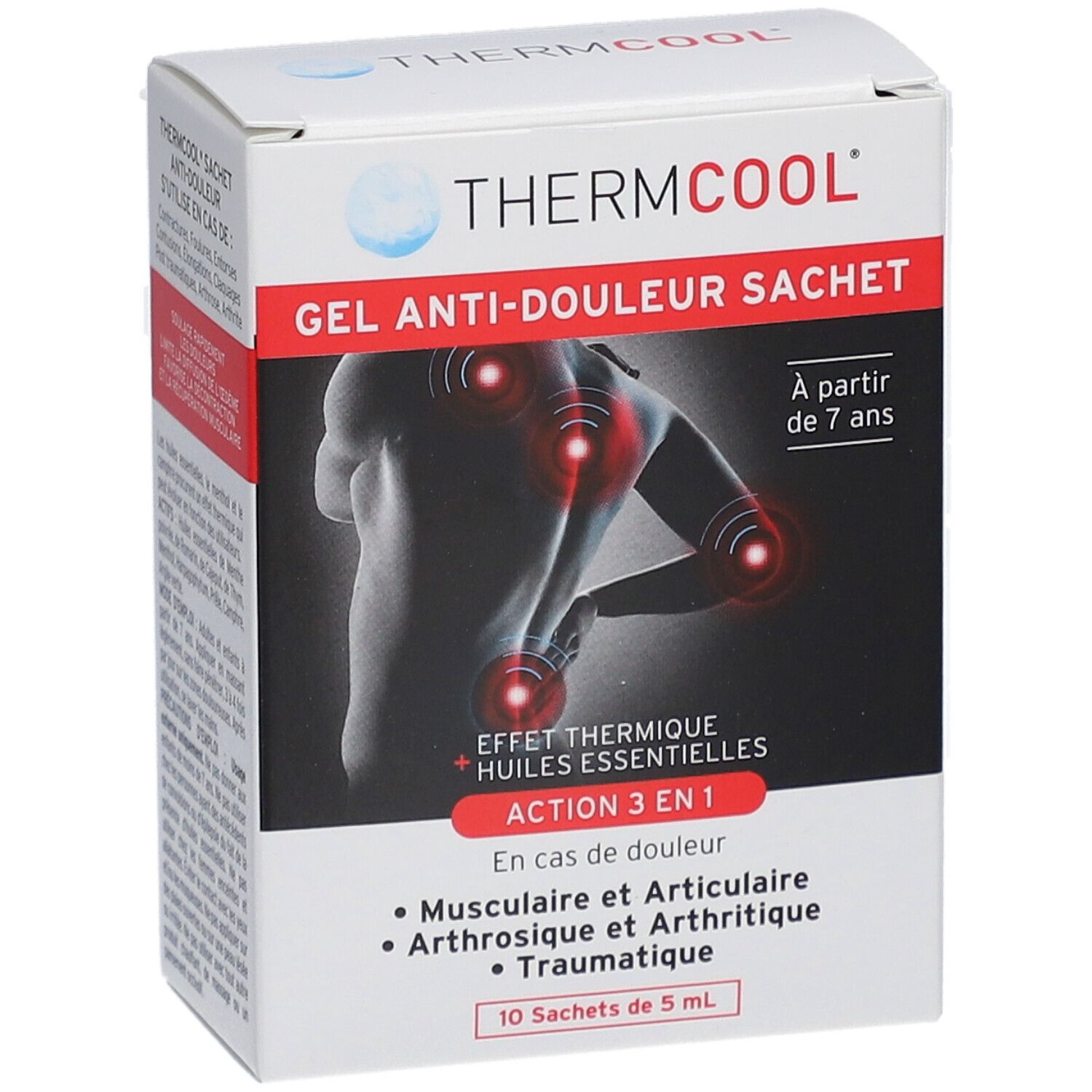 Boîte de THERMCOOL Gel Anti-Douleur Sachet. Contient 10 sachets de 5 ml. Pour enfants dès 7 ans. Action 3 en 1 pour douleurs musculaires, articulaires et traumatiques.