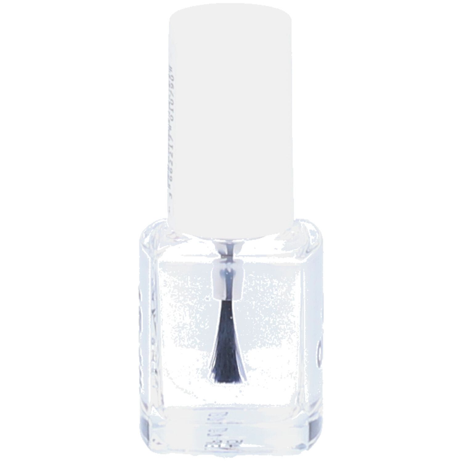 Transparante nagellakfles met witte dop. De borstel is zichtbaar. Transparant product.