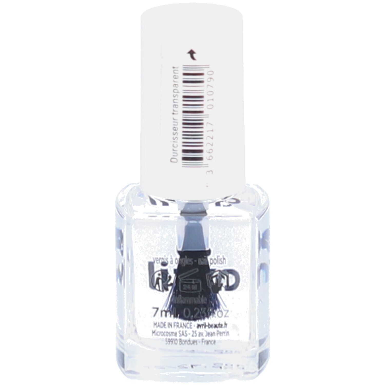 Transparante nagellakfles met witte dop. Opschrift: Durcisseur transparent. Volume: 7ml, 0,2% oz.