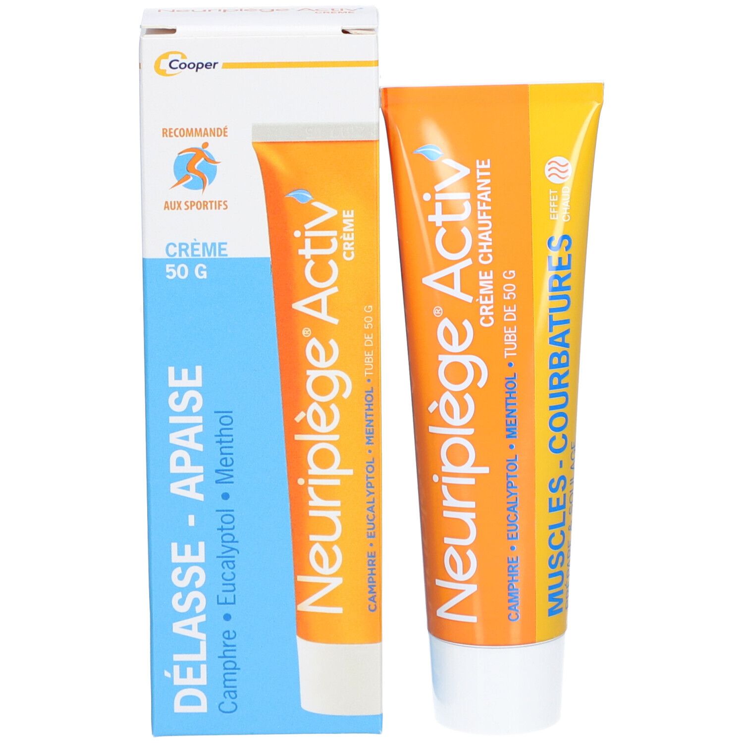 Verpakking met tube. Opschrift: Neuriplège Activ' Crème, 50 g, Kamfer, Eucalyptus, Menthol.
