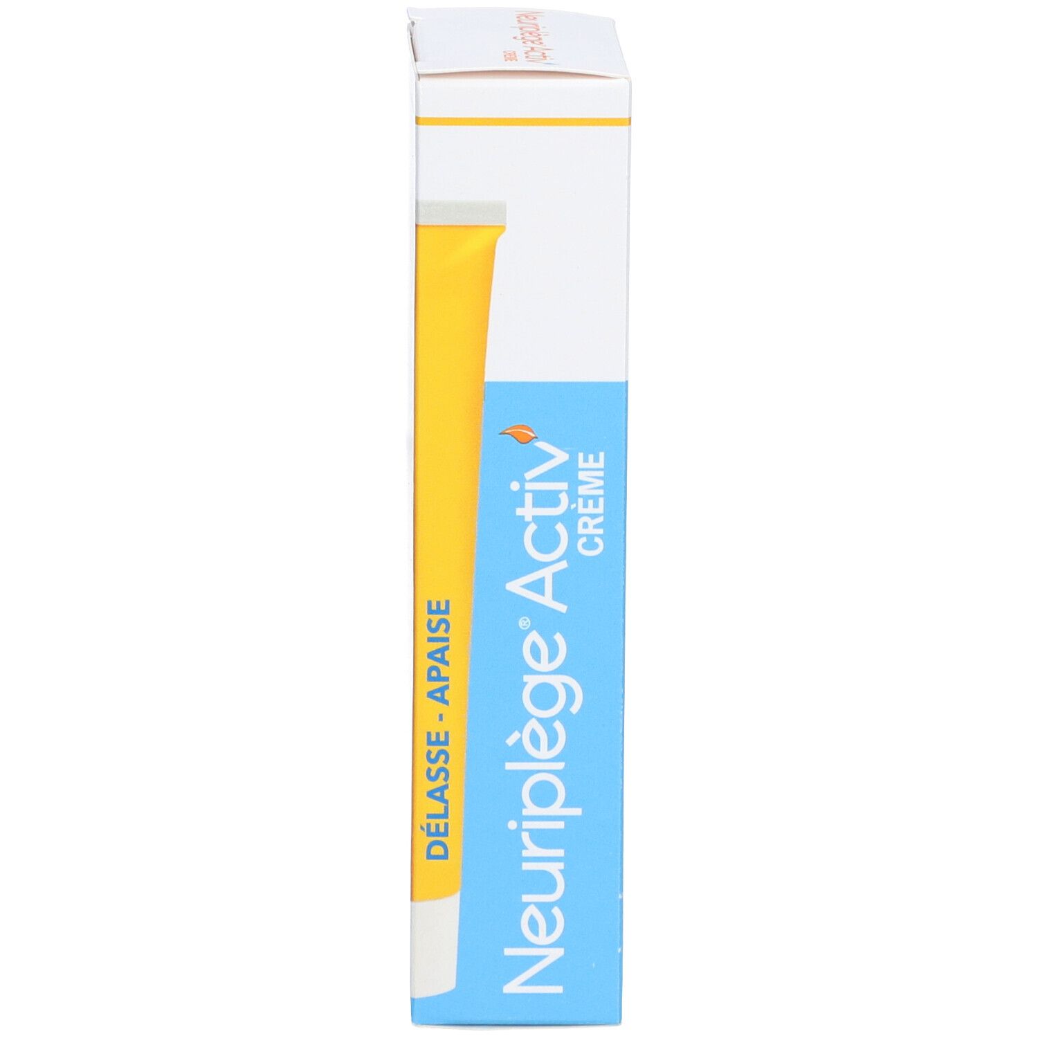 Zijaanzicht van de verpakking. Opschrift: Neuriplège Activ' Crème, Kamfer, Eucalyptus, Menthol.