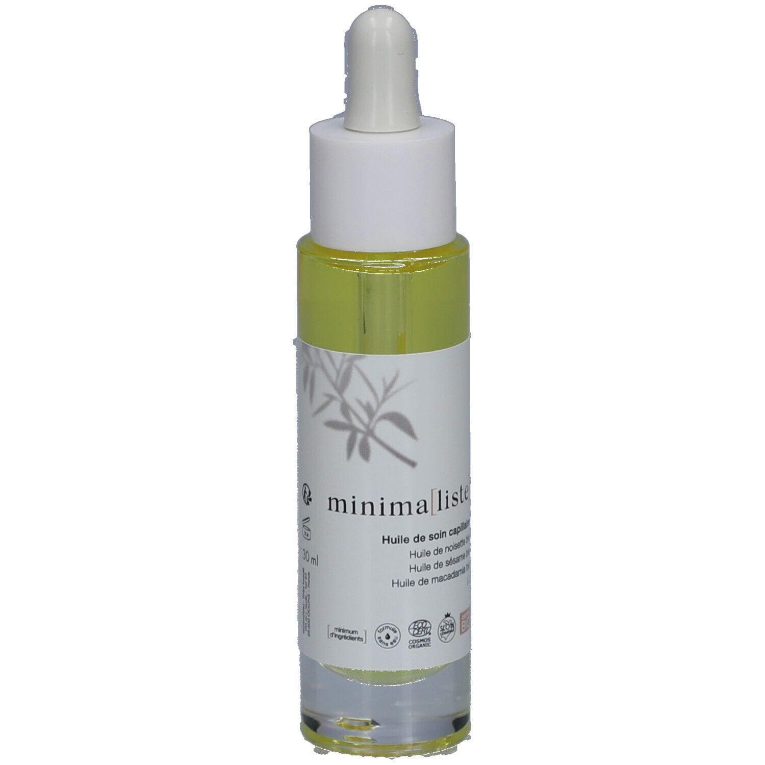 Haarolie fles met pipet. Transparante houder met gele vloeistof. Witte dop. Etiket met productnaam en certificeringen.