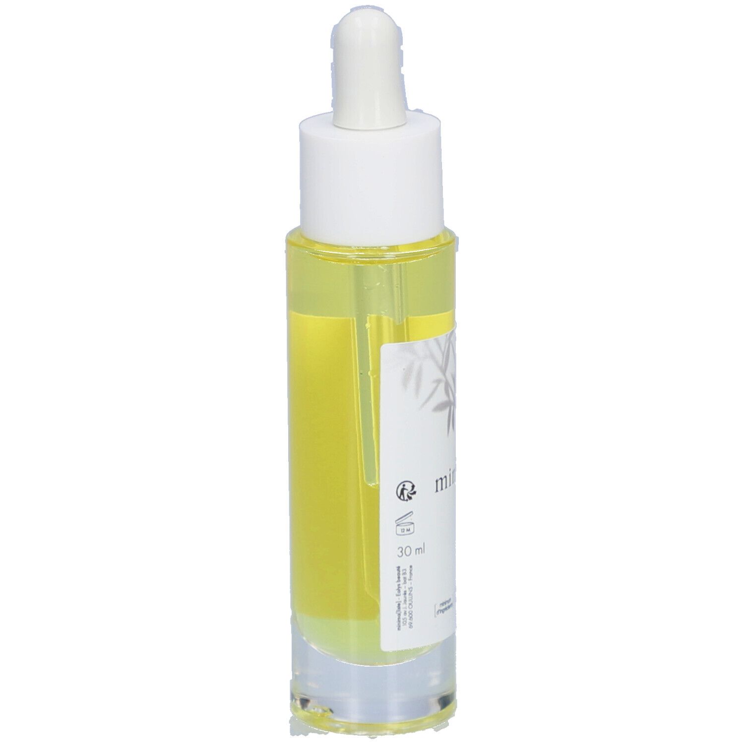 Haarolie fles met pipet. Transparante houder met gele vloeistof. Witte dop. Etiket met productnaam en 30 ml.