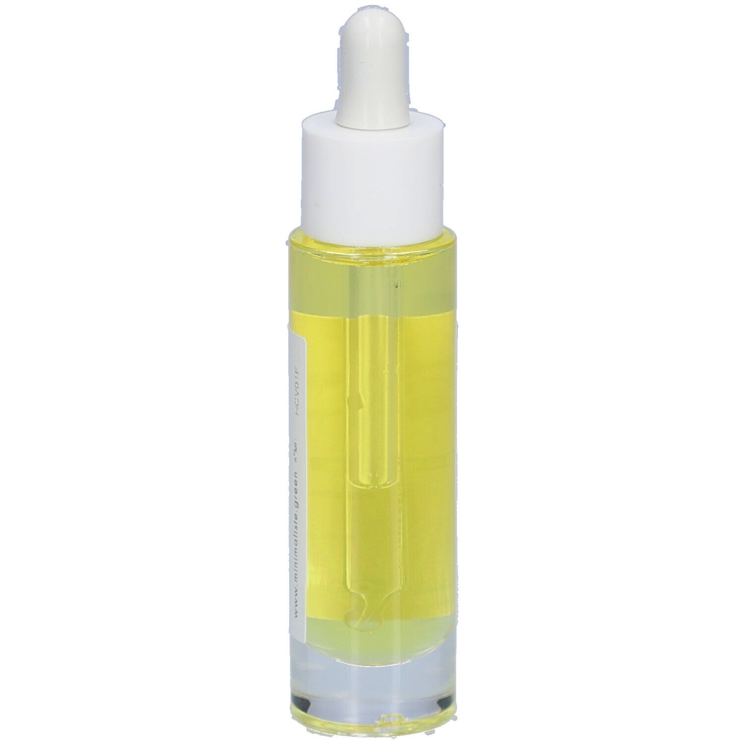 Haarolie fles met pipet. Transparante houder met gele vloeistof. Witte dop. Etiket met productnaam.