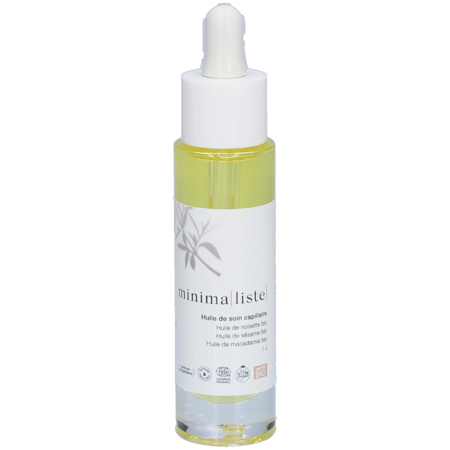 Haarolie fles met pipet. Transparante houder met gele vloeistof. Witte dop. Etiket met productnaam en tekst.