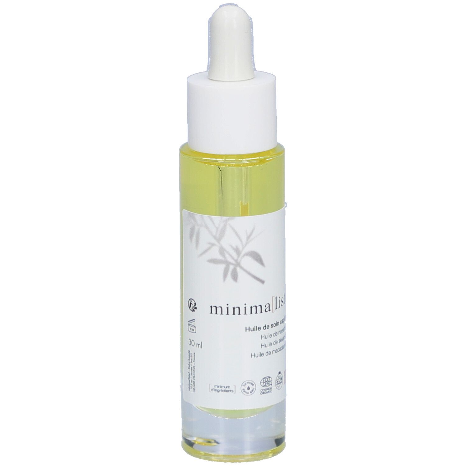 Haarolie fles met pipet. Transparante houder met gele vloeistof. Witte dop. Etiket met productnaam en 30 ml.