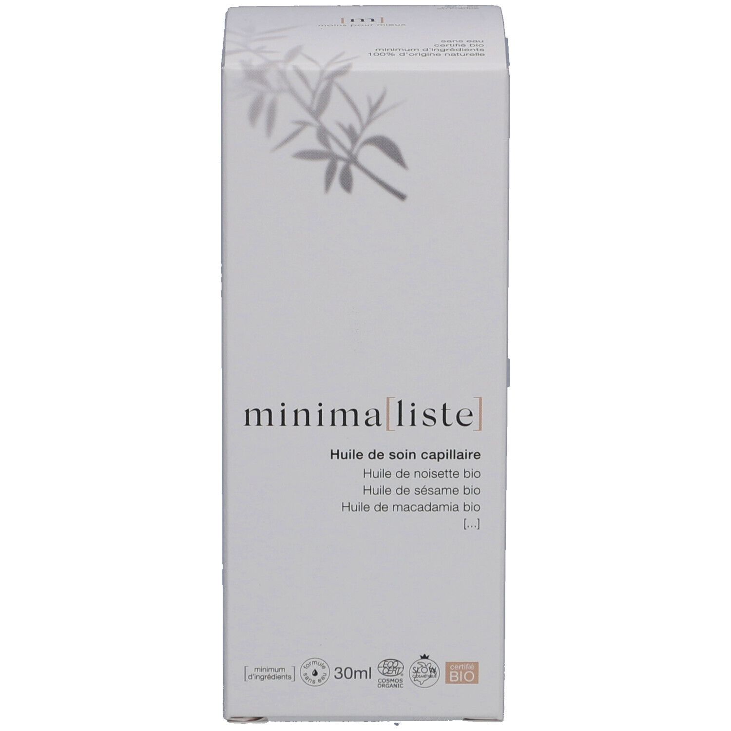 Productverpakking. Witte doos met productnaam en tekst. 30 ml. Certificeringen.