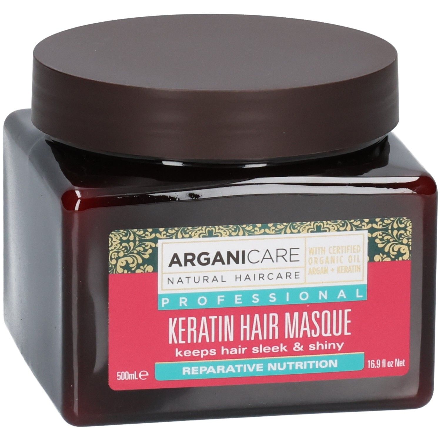Arganicare Keratine Haarmasker in een bruine pot met bruin deksel. Etiket met productinformatie.