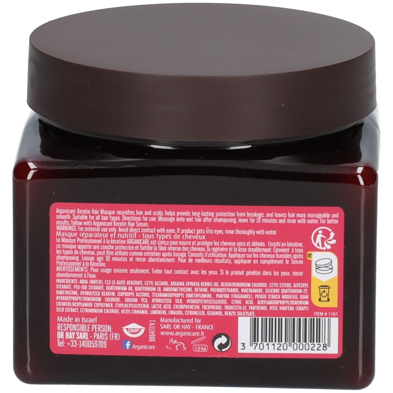 Achterkant van een bruine pot Arganicare Keratine Haarmasker. Bevat gedetailleerde productinformatie en ingrediënten.
