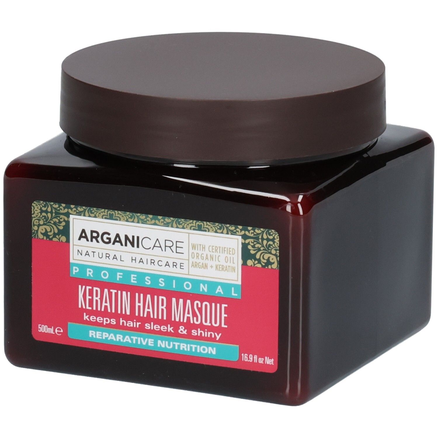 Arganicare Keratine Haarmasker in een bruine pot met bruin deksel. Etiket met productinformatie.
