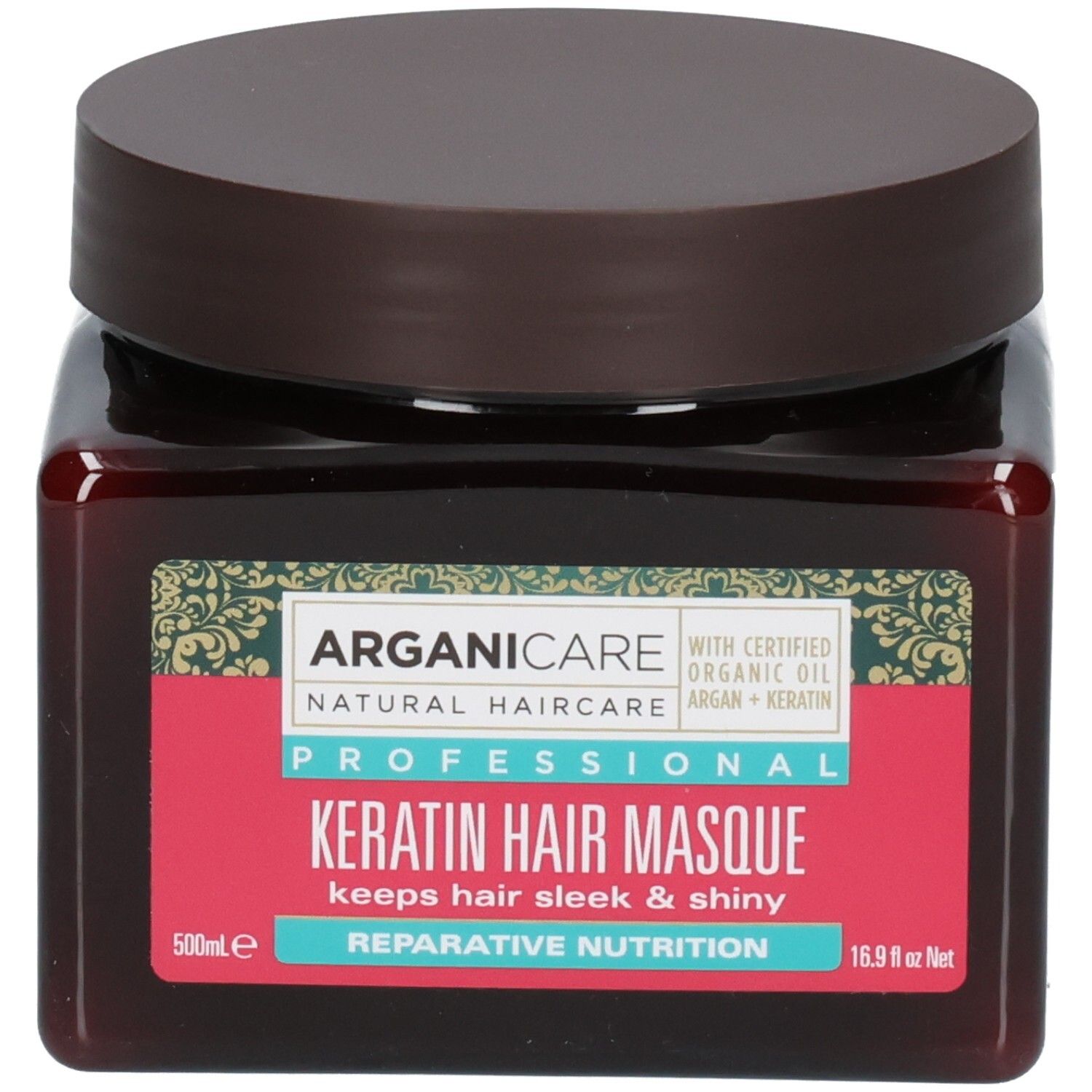 Arganicare Keratine Haarmasker in een bruine pot met bruin deksel. Etiket met productinformatie.