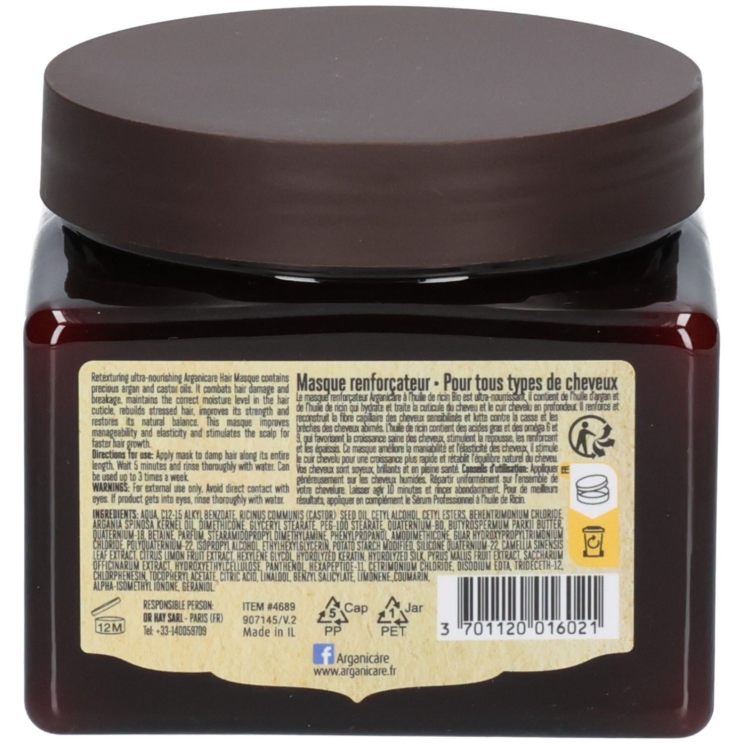 Arrière du pot de masque capillaire Arganicare avec ingrédients et instructions.