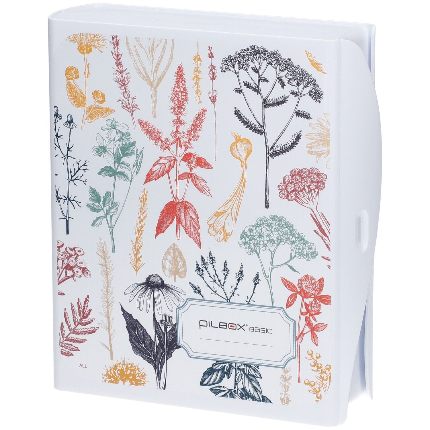 Pilulier blanc avec motif floral et inscription "PILBOX basic".