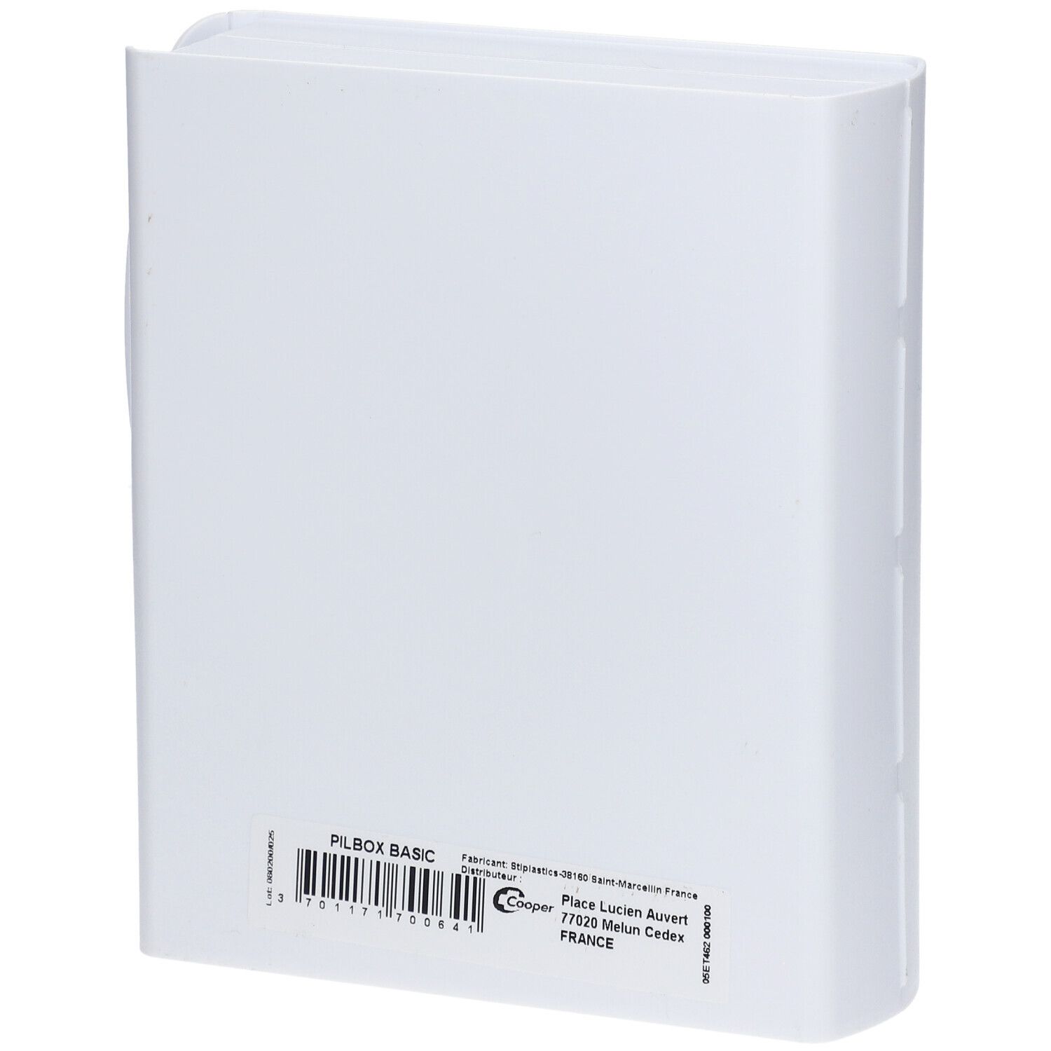 Pilulier blanc, dos. Inscription "PILBOX basic" et informations fabricant.