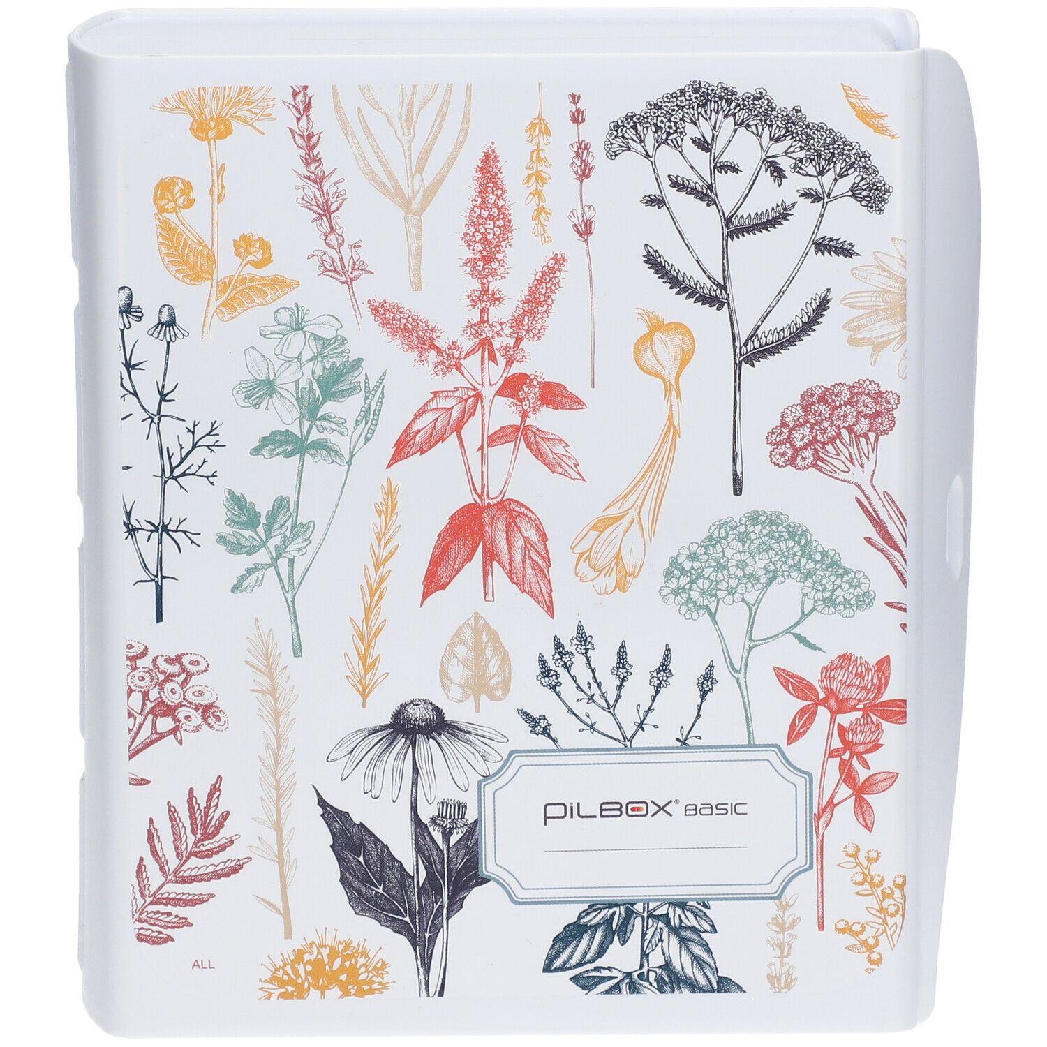 Pilulier blanc avec motif floral et inscription "PILBOX basic".