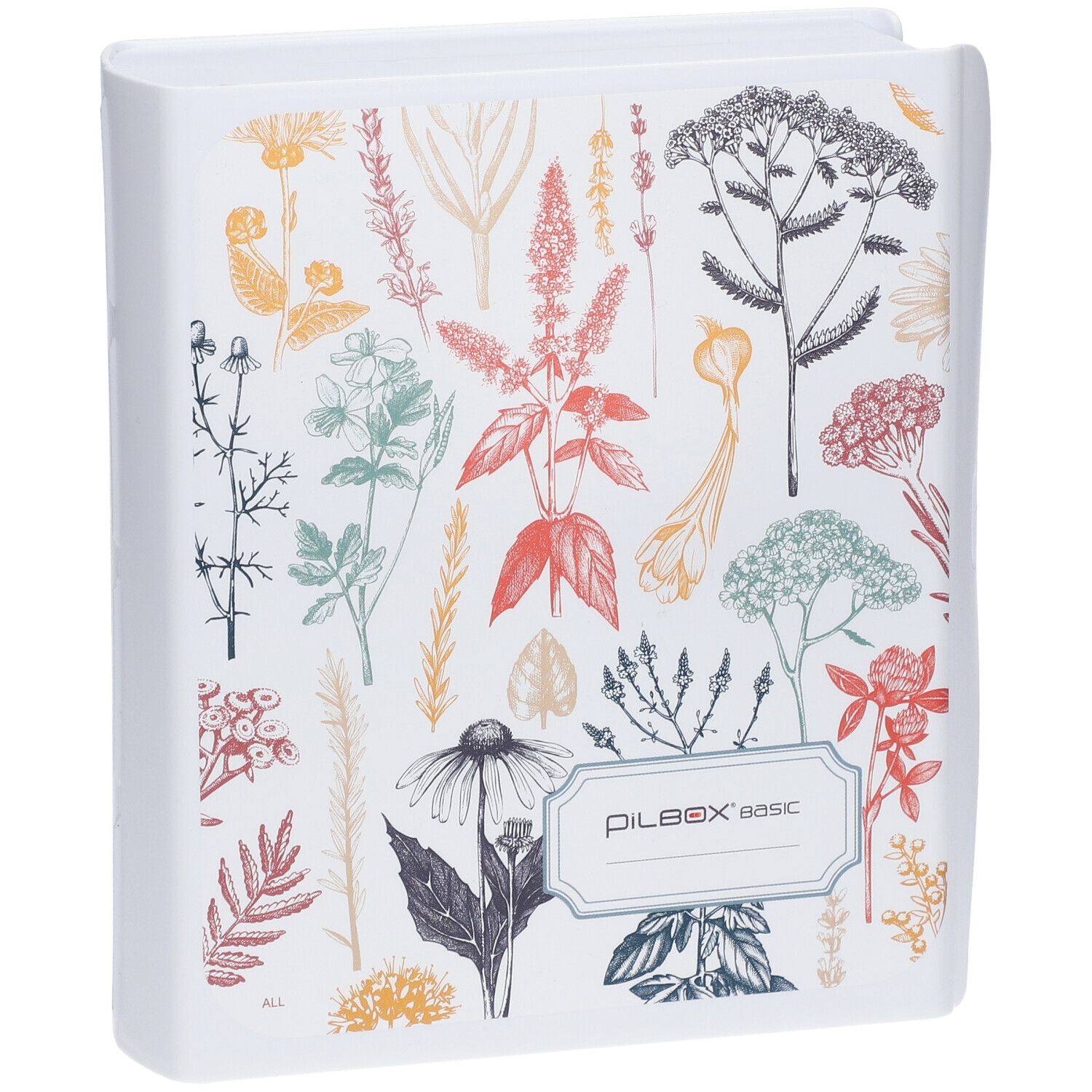 Pilulier blanc avec motif floral et inscription "PILBOX basic".