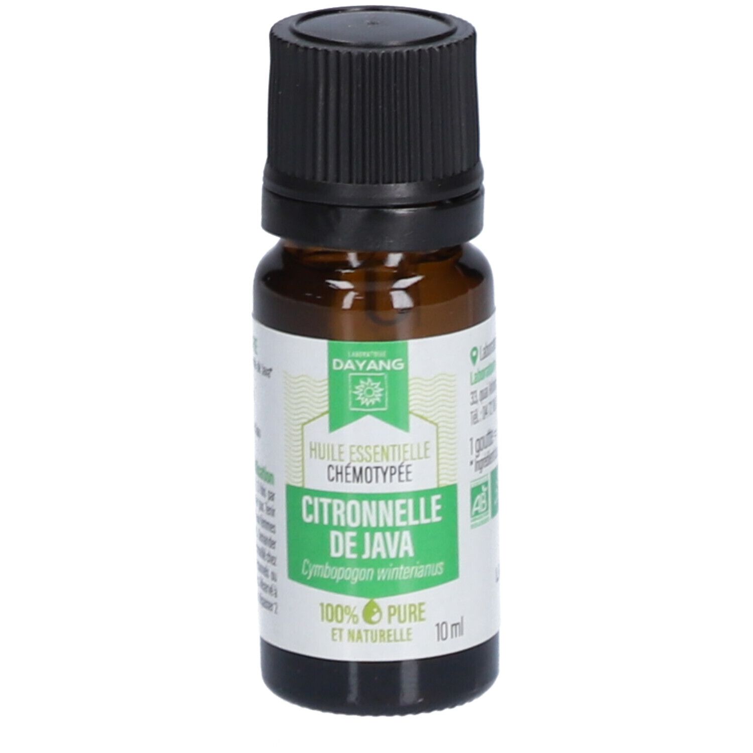 Bruine glazen fles met zwarte dop. Etiket met productnaam en logo. Inhoud 10 ml.