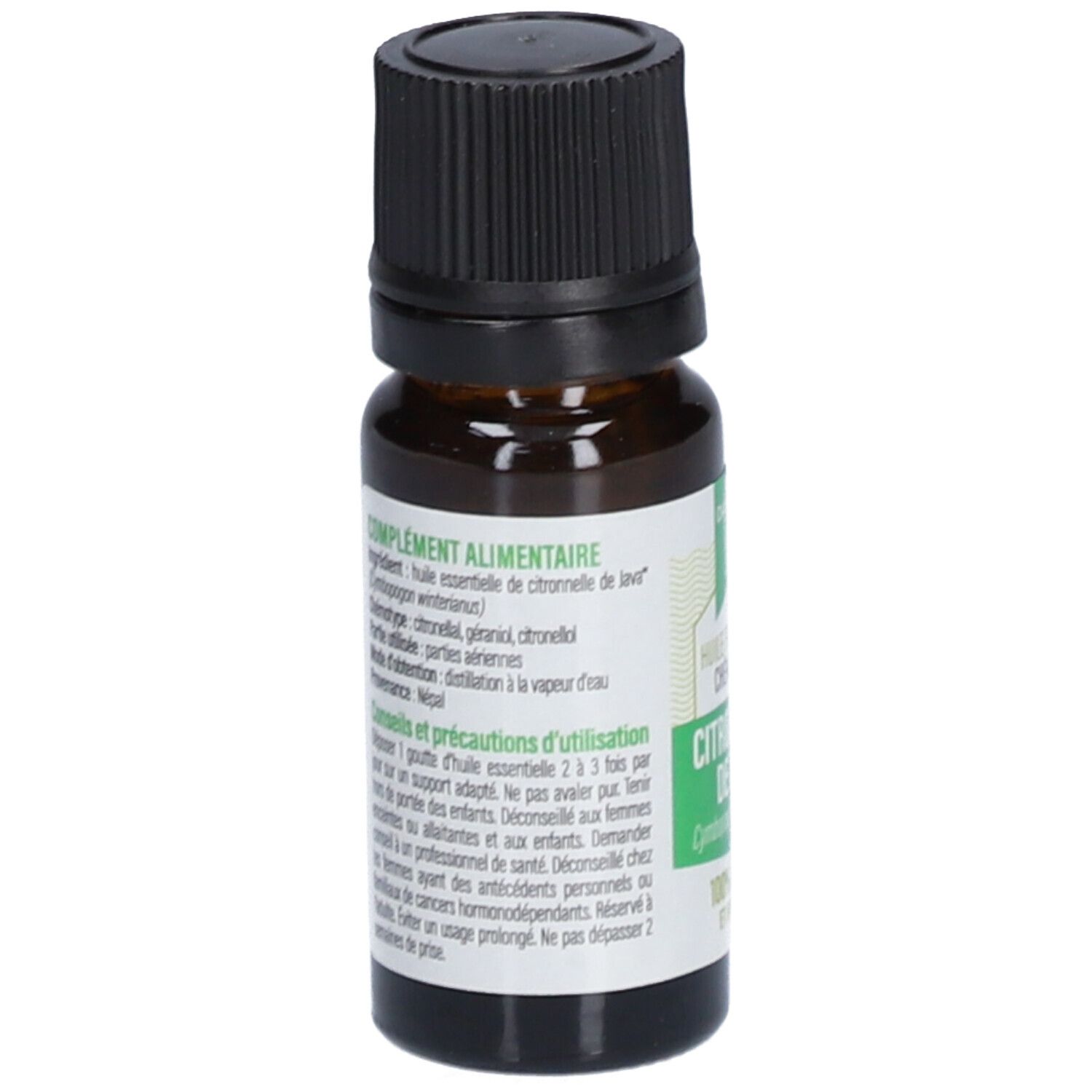 Bruine glazen fles met zwarte dop. Etiket met productinformatie. Voedingssupplement.
