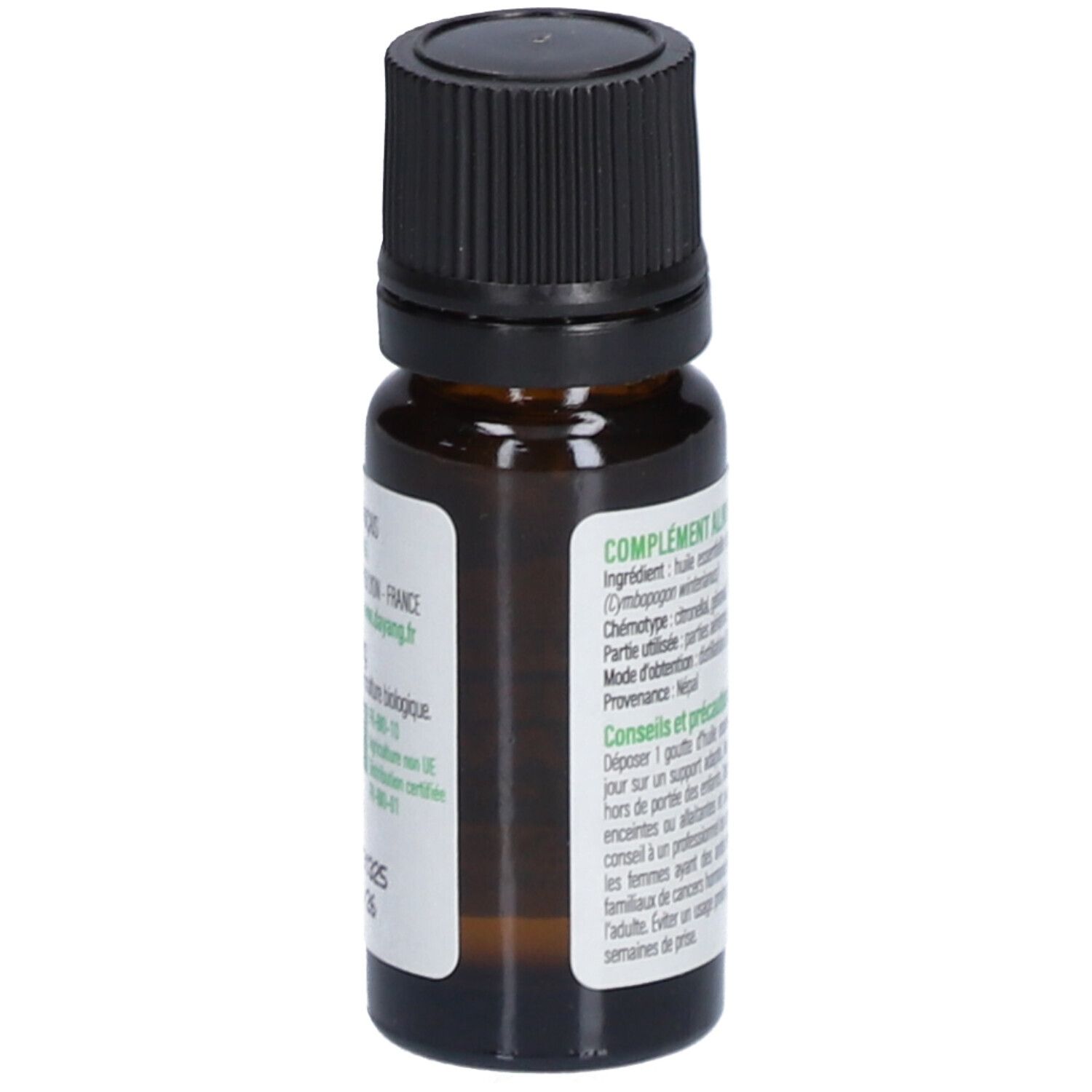 Bruine glazen fles met zwarte dop. Etiket met productinformatie. Voedingssupplement.