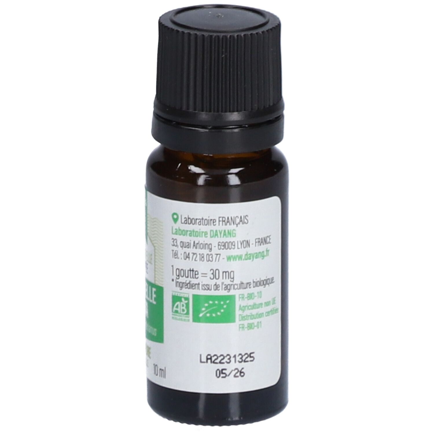 Bruine glazen fles met zwarte dop. Etiket met logo en certificeringen. 10 ml.