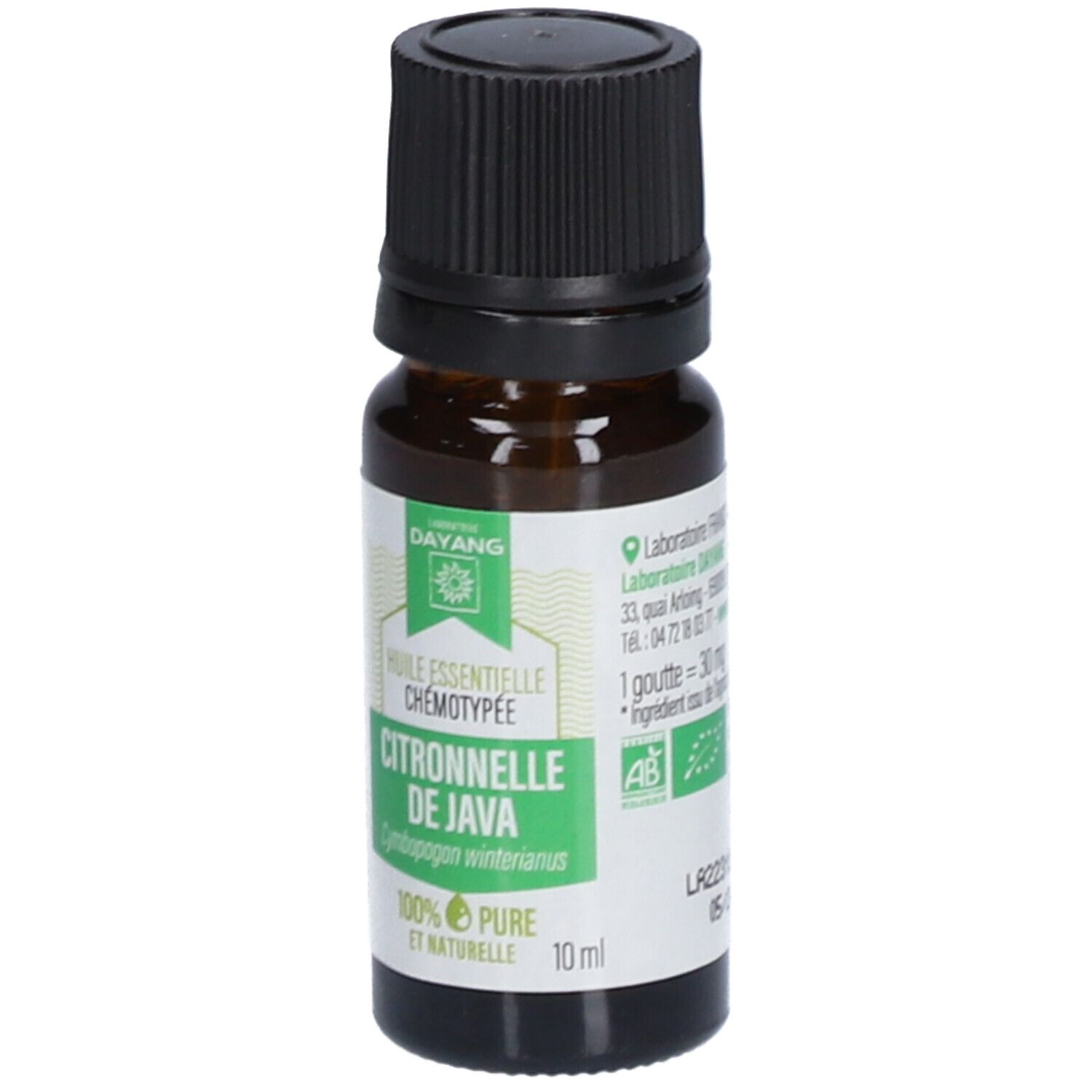 Bruine glazen fles met zwarte dop. Etiket met productnaam en logo. Inhoud 10 ml.