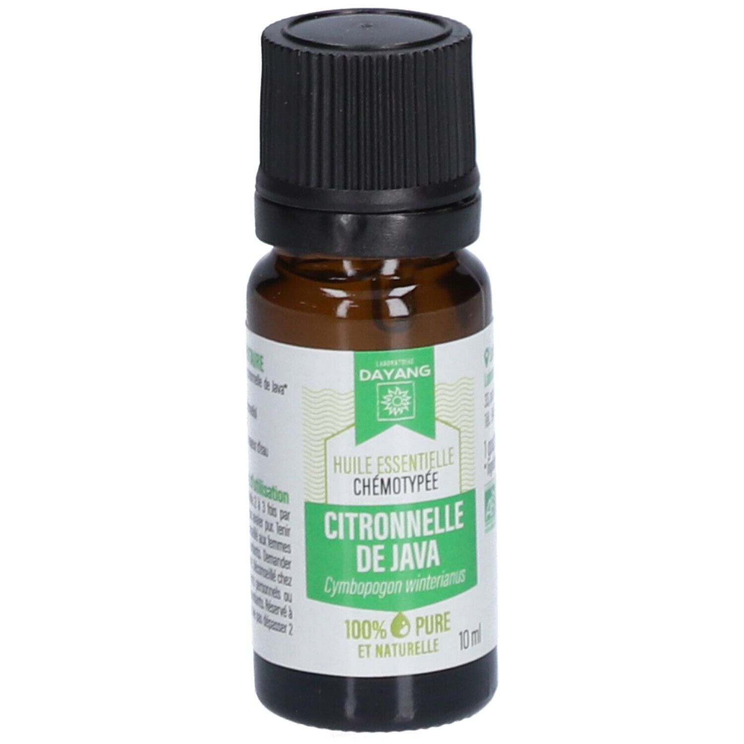 Bruine glazen fles met zwarte dop. Etiket met productnaam en logo. Inhoud 10 ml.