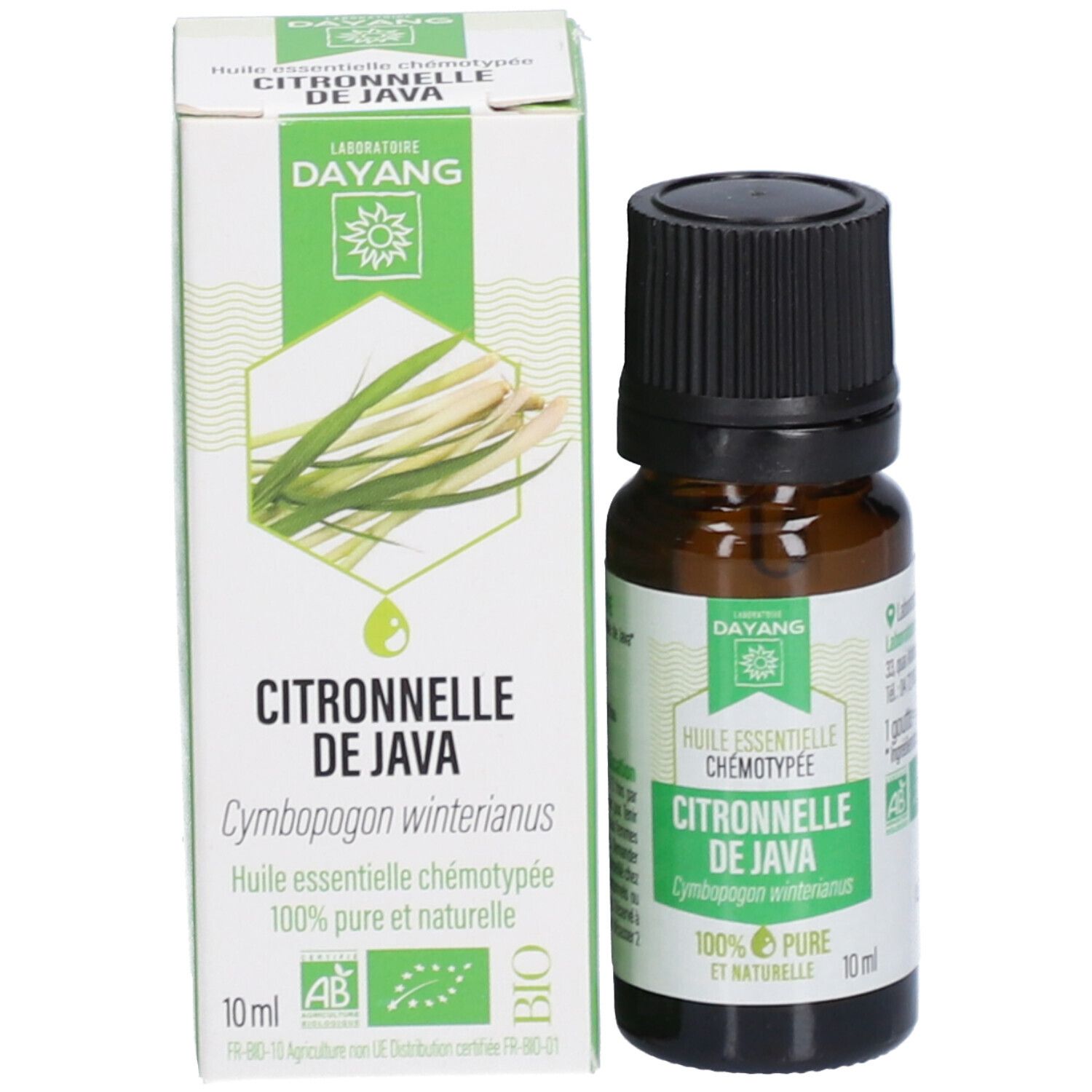 Productfles en doos. Fles bruin, dop zwart. Doos wit met productnaam en logo. 10 ml.