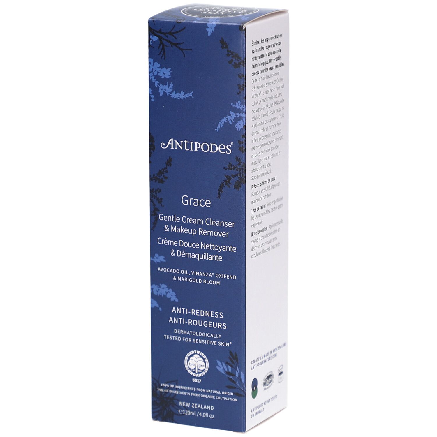 Blauwe en witte productverpakking. Opschrift ANTIPODES, Grace, zachte reiniger & make-up remover. Anti-roodheid. Dermatologisch getest.
