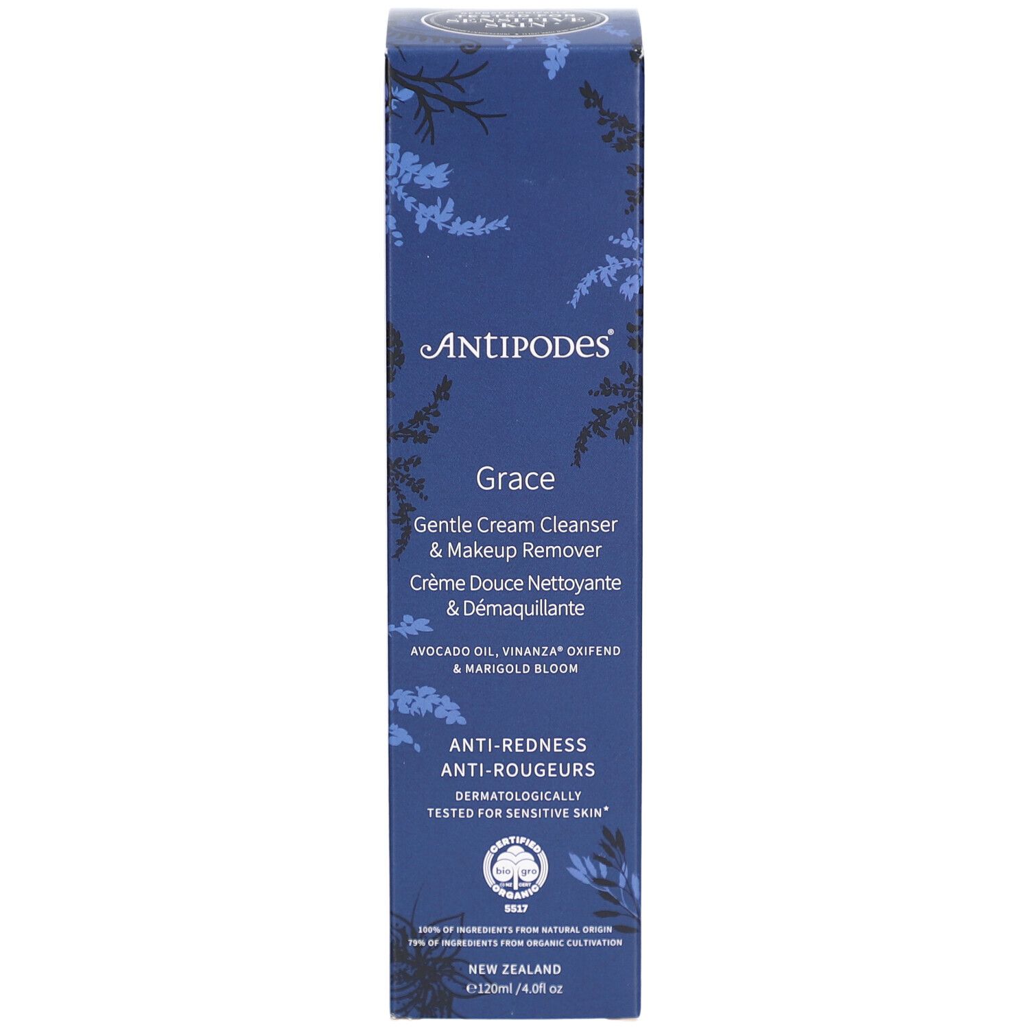 Productverpakking. Opschrift ANTIPODES, Grace, zachte reiniger & make-up remover. Anti-roodheid. Dermatologisch getest.