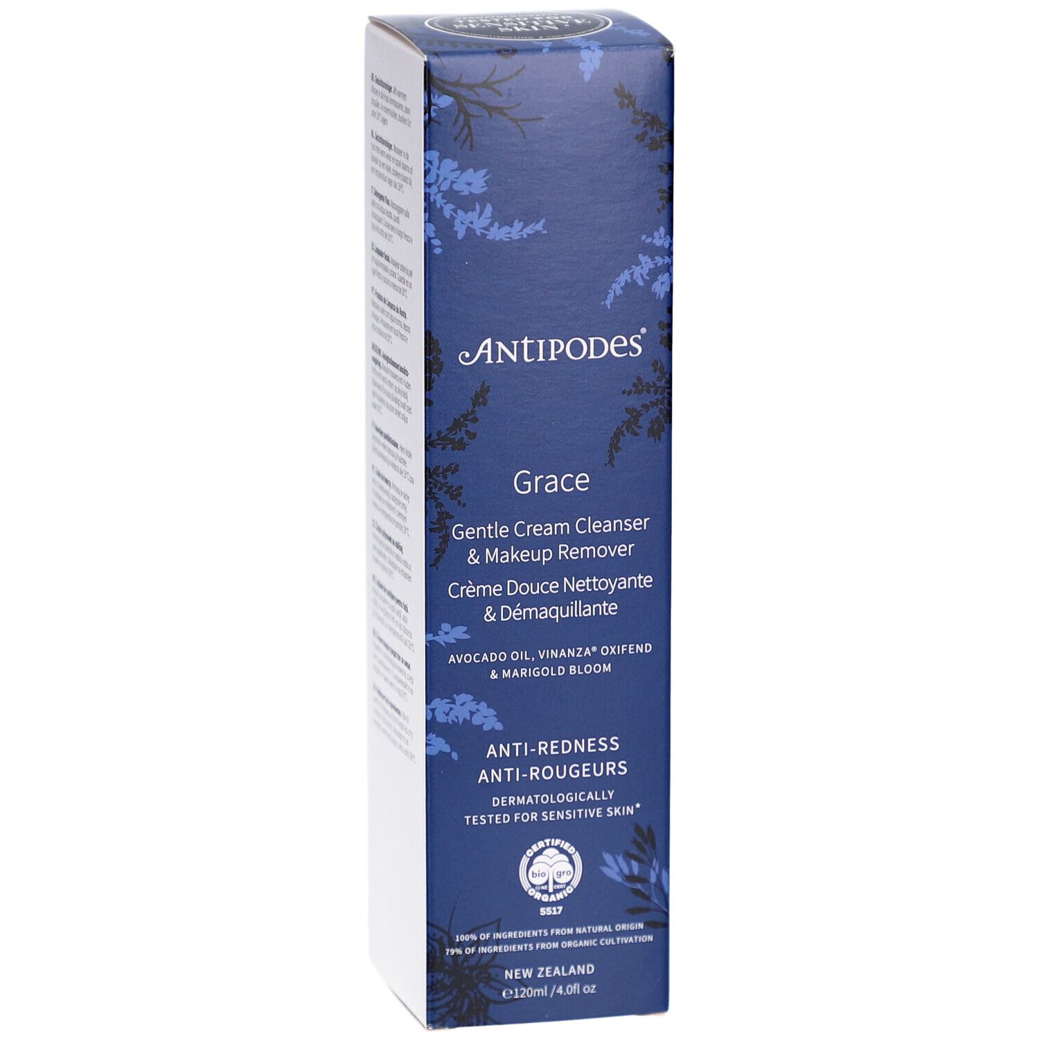 Productverpakking. Opschrift ANTIPODES, Grace, zachte reiniger & make-up remover. Anti-roodheid. Dermatologisch getest.