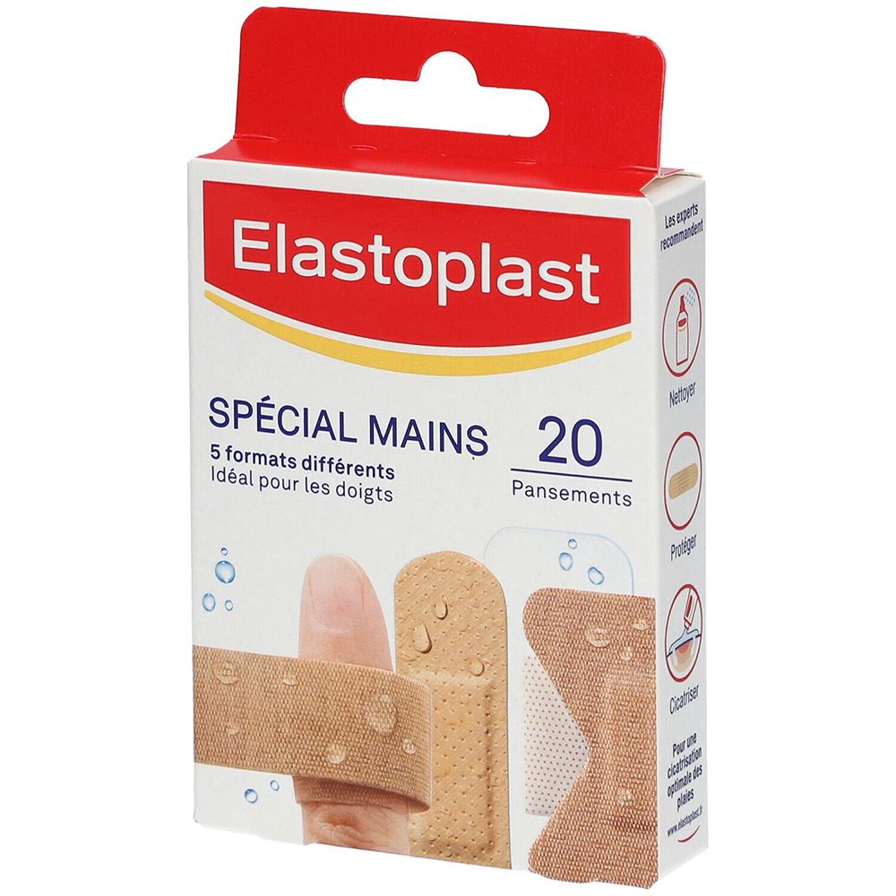 Elastoplast pleisters voor handen. 20 pleisters in 5 formaten. Verpakking met productafbeelding en waterdruppels.