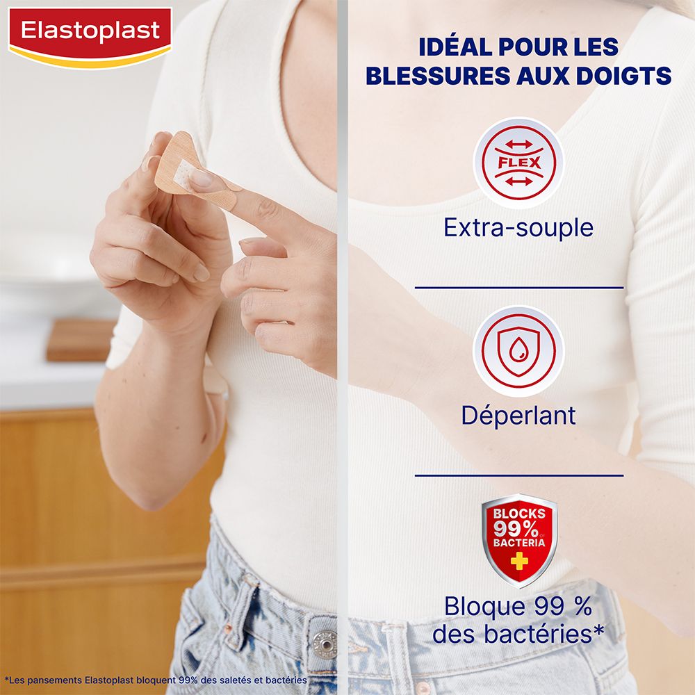 Persoon plakt pleister. Tekst: Extra-souple, Déperlant, Bloque 99% des bactéries. Elastoplast logo.