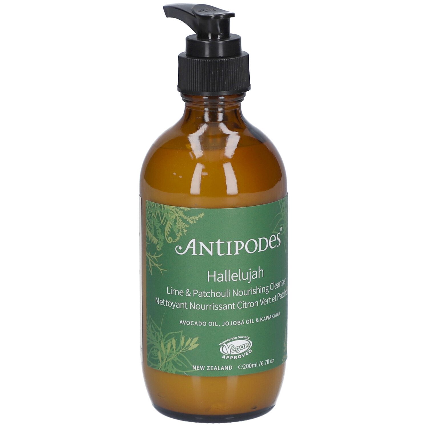 Bruine glazen fles met zwarte pomp. Etiket met ANTIPODES, Hallelujah en productinfo. Vegan-keurmerk.