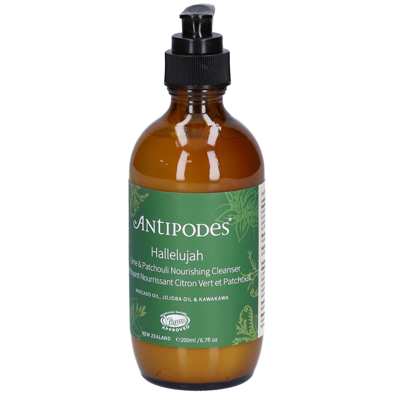 Bruine glazen fles met zwarte pomp. Etiket met ANTIPODES, Hallelujah en productinfo. Vegan-keurmerk.