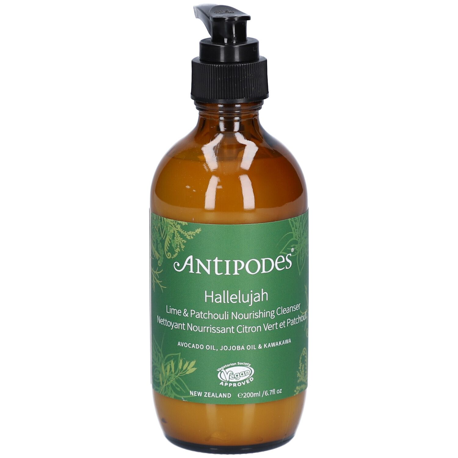 Bruine glazen fles met zwarte pomp. Etiket met ANTIPODES, Hallelujah en productinfo. Vegan-keurmerk.