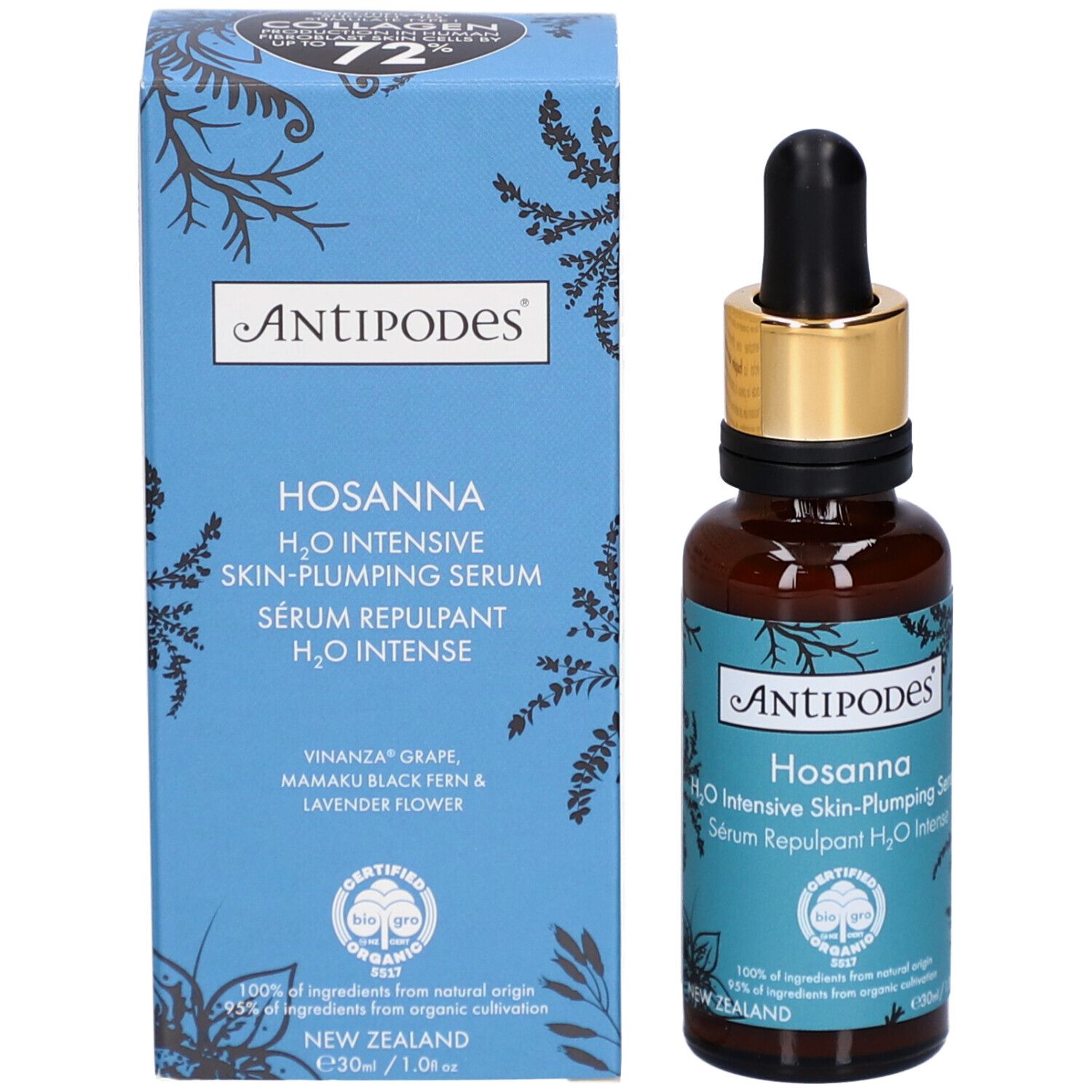 Productverpakking en fles. Blauwe doos met opschrift: Antipodes Hosanna Serum. Gecertificeerd biologisch product.