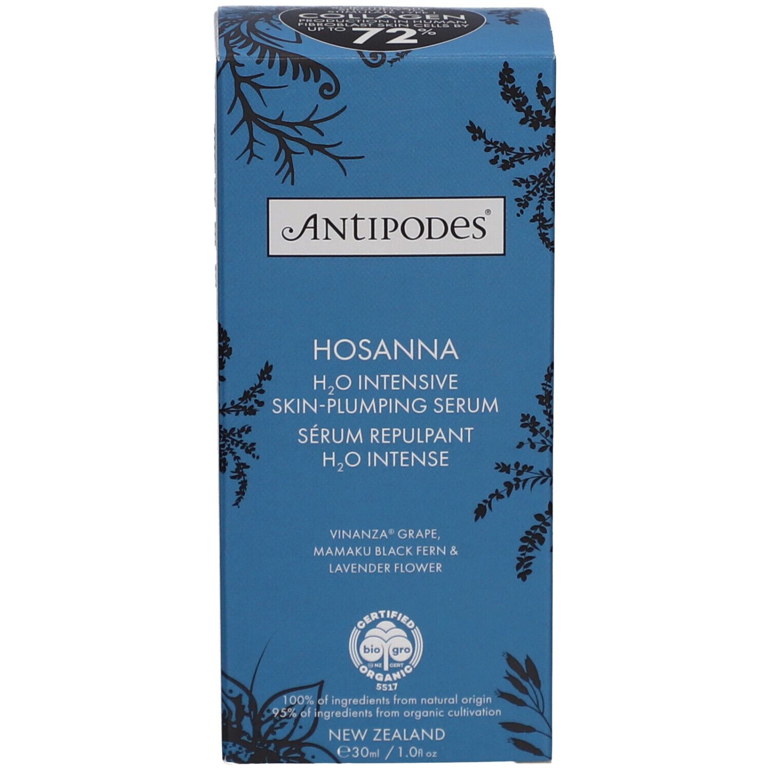Blauwe doos met opschrift: Antipodes Hosanna Serum. Gecertificeerd biologisch product. Ingrediënten.