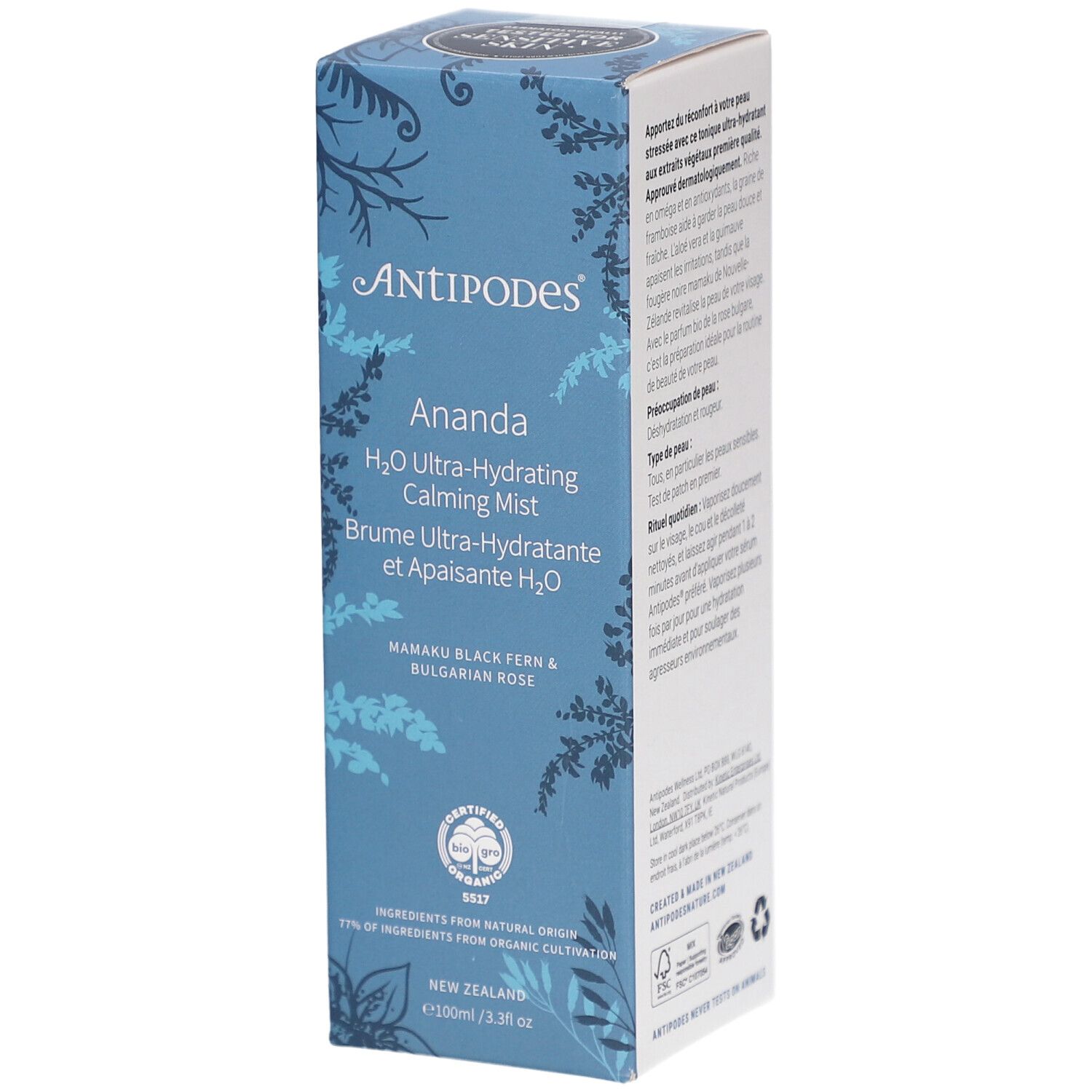 Blauw-witte productverpakking. Opschrift ANTIPODES, Ananda, H2O Ultra-Hydrating Calming Mist. Certificeringen en informatie.