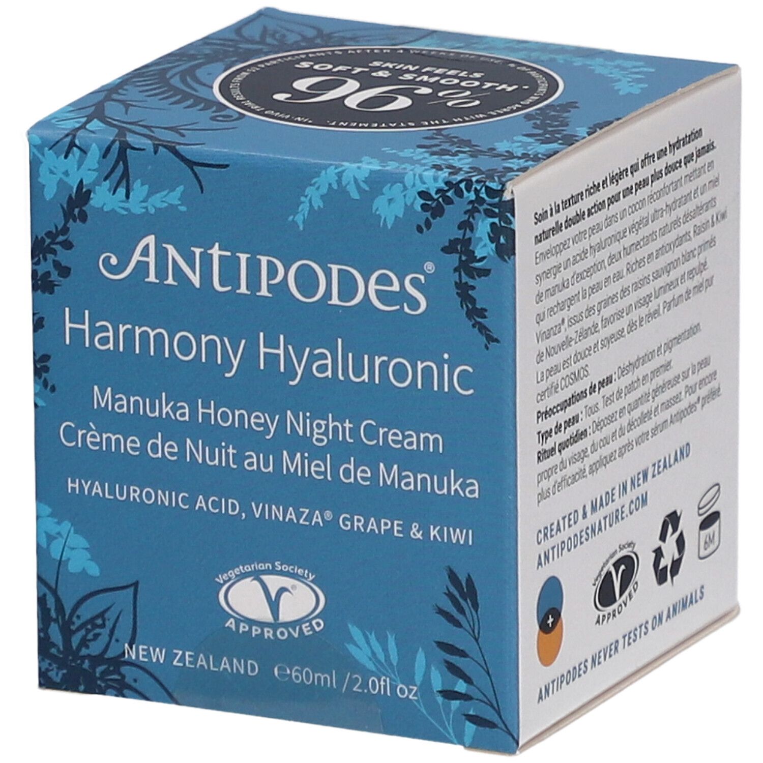 Kartonnen verpakking met productinformatie. Opschrift: Antipodes Harmony Hyaluronic Manuka Honey Night Cream.