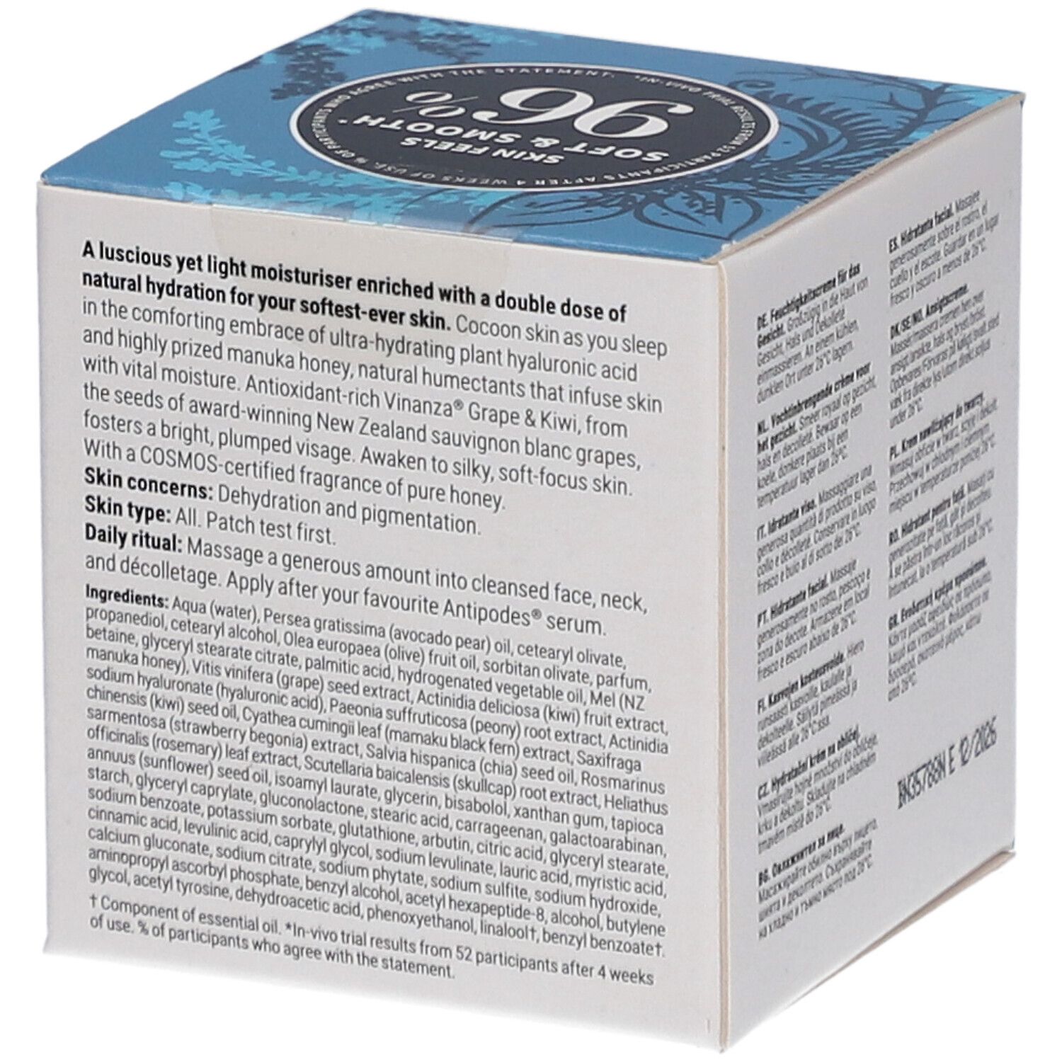 Kartonnen verpakking met productbeschrijving en ingrediënten. Opschrift: Antipodes Harmony Hyaluronic Manuka Honey Night Cream.